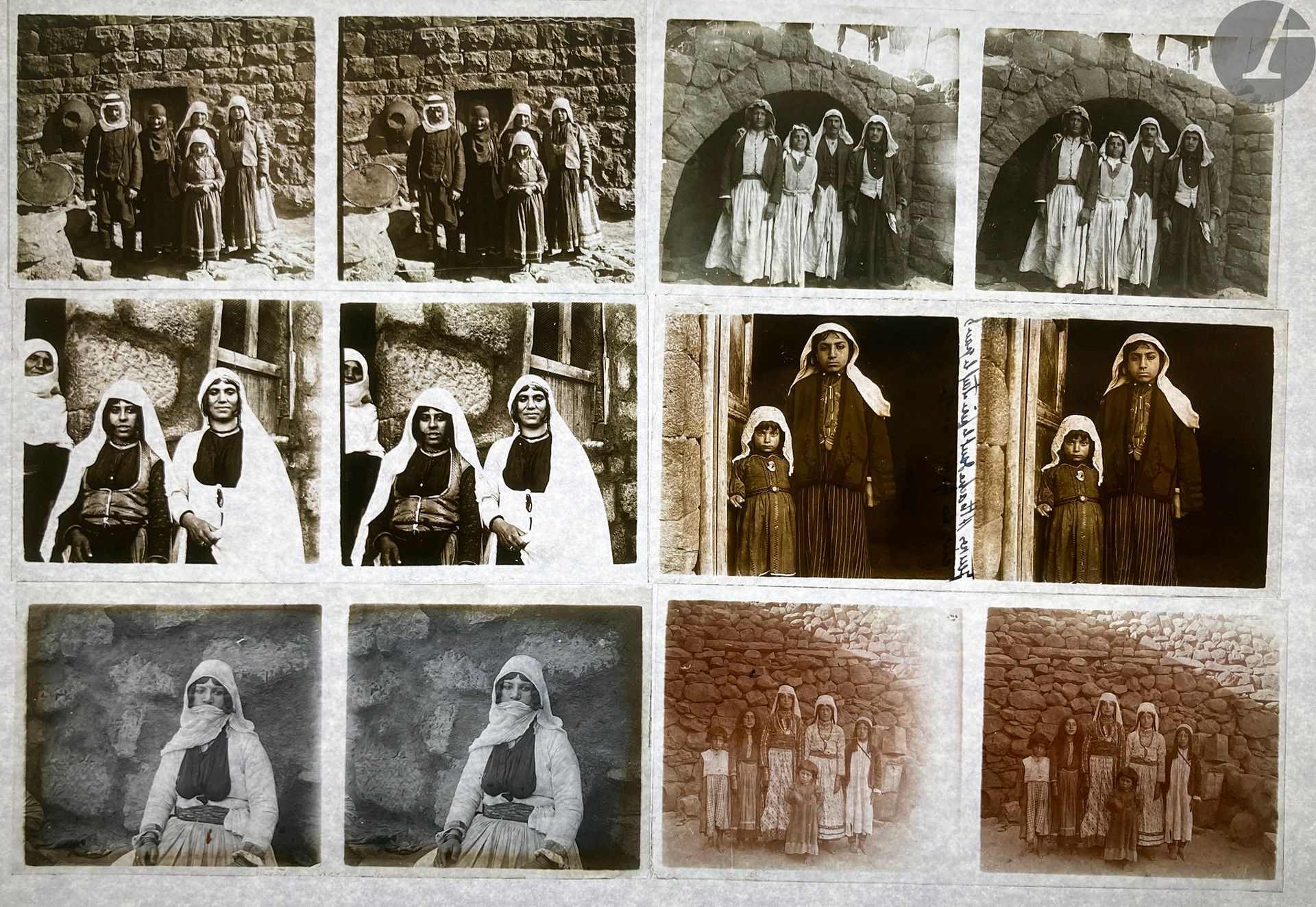 Unidentified photographer 
Palestine. Syria. Turkey, c. 1890-1900. 
Aleppo. Nazareth. Jerusalem. Types. Nomads. Construction of an earthen oven. Jacob's well. Mount of Olives. Mosque of Omar. Women and children. Donkeys. Street scenes. Portraits. Small trades. Water carriers. Ploughing. Harvesting. Druze family. Lepers. Antioch. Druze dances. Bread making. 
Approximately 80 stereoscopic silver gelatin silver bromide positive glass plates in their original boxes. Some handwritten legends in black ink on the plates. 
Average size of the plates : 6 x 13 cmUnidentified

photographer 
Palestine. Syria. Turkey, c. 1890-1900. 
Aleppo. Nazareth. Jerusalem. Types. Nomads. Construction of an earthen oven. Jacob's well. Mount of Olives. Mosque of Omar. Women and children. Donkeys. Street scenes. Portraits. Small trades. Water carriers. Ploughing. Harvesting. Druze family. Lepers. Antioch. Druze dances. Bread making. 
Approximately 80 stereoscopic gelatin silver positive glass plates in their original boxes. Some handwritten captions in black ink on the plates. 
Average size of the plates : 6 x 13 cm










