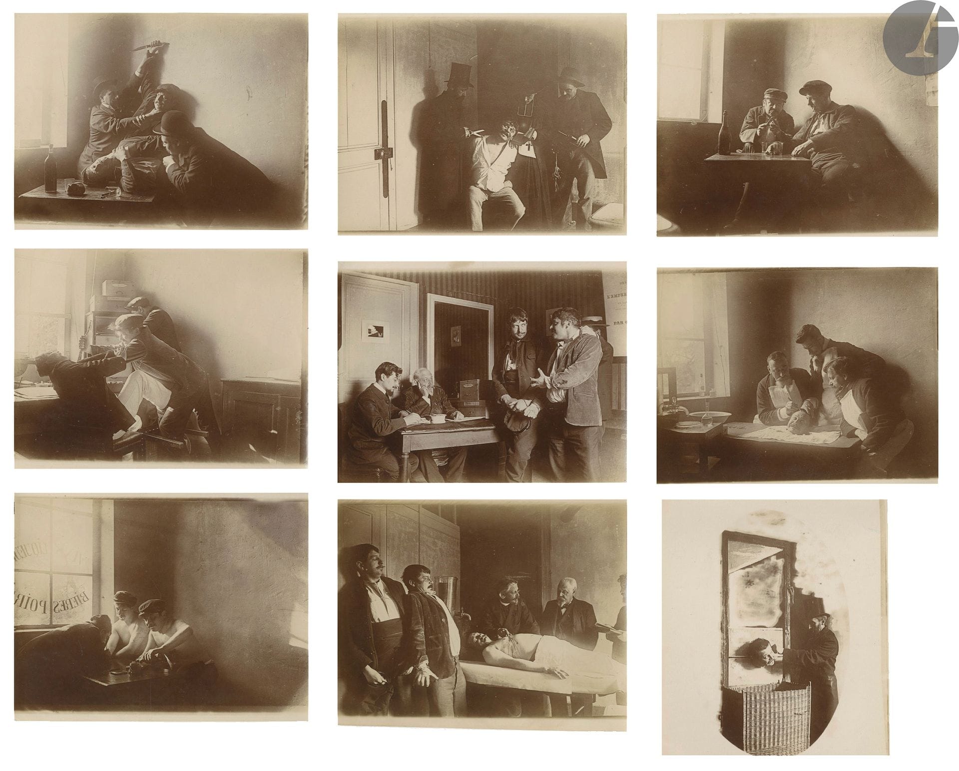 Unidentified photographer 
Photographic novel of a murder, c. 1900. 
Nine (9) vintage prints on citrate paper. 
Average size: 9 x 12 cmUnidentified

photographerPhotographic
novel of a murder, c. 1900.
Nine aristotypes.
Dimensions: 9 x 12 cm







