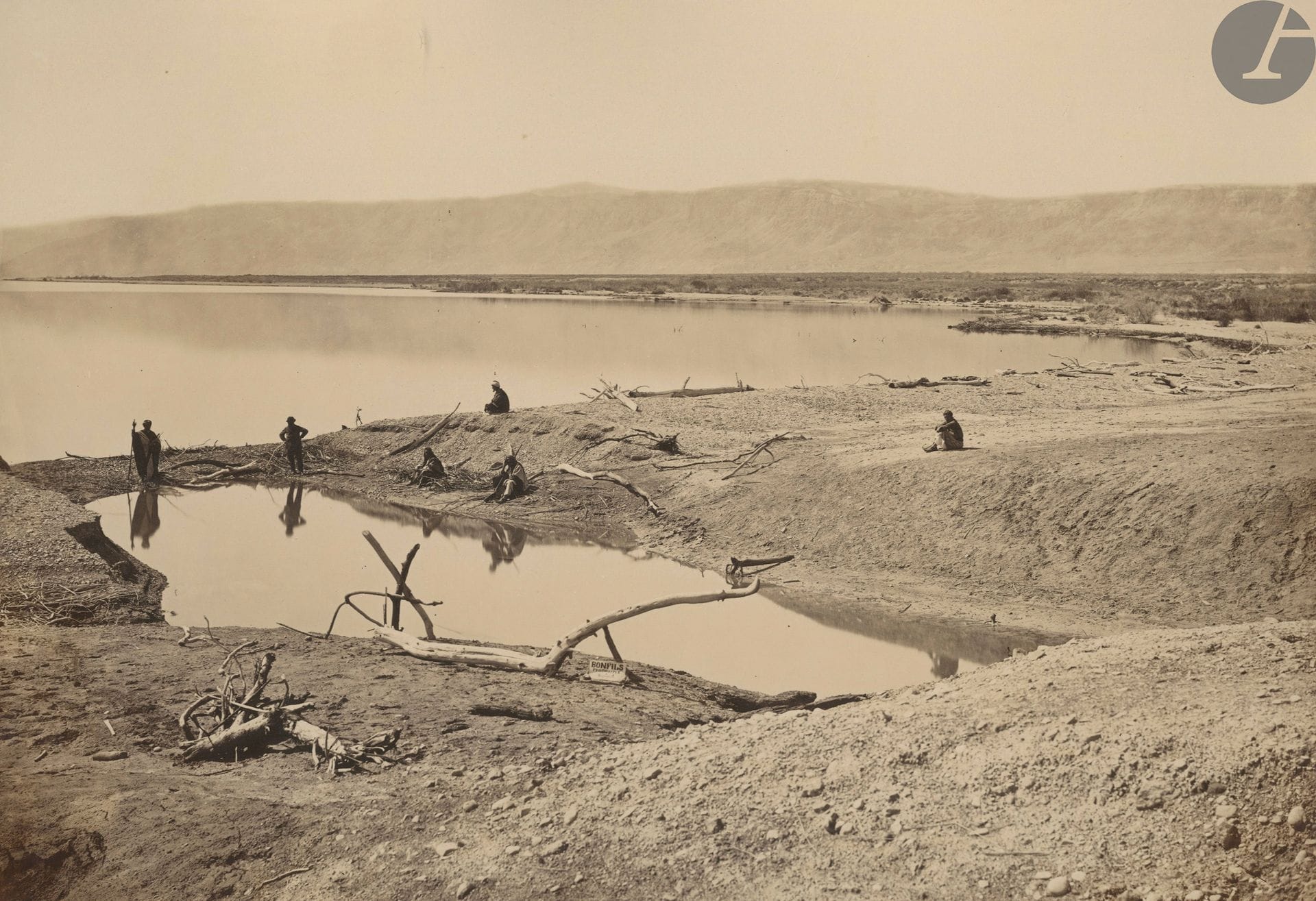 Félix Bonfils (1831-1885)
Palestine, c. 1880. 
La Mer Morte (Terre-Sainte).
Épreuve sur papier albuminé, contrecollée sur carton. Panneau du photographe dans l'image. Légende tapuscrite sur le montage. 
26,5 x 38 cm 

Félix Bonfils (1831-1885)
Palestine, c. 1880. 
The Dead Sea (Holy Land).
Albumen print mounted on cardboard. Photographer's board visible in the image. Caption written on the mount. 
26,5 x 38 cm
