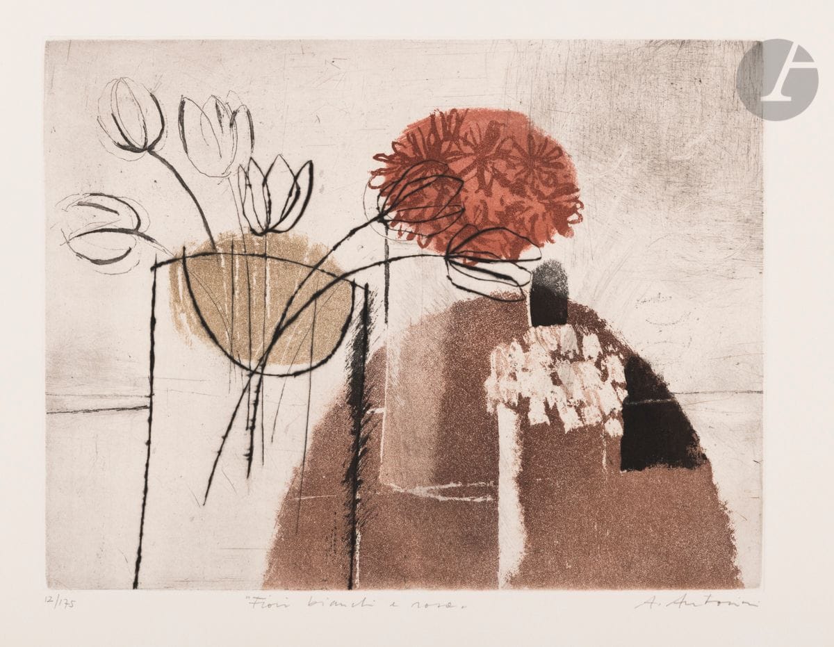 
*Annapia Antonini (née en 1942)



Semprevivi ; Sedie e fiori blu ; Fiori bianchi e rose ; Il canoletto ; Le Crayon rose ; La Ratatouille. 1975-1981.



Eau-forte et aquatinte. Formats divers. Impression en couleurs. 



Réunion de 6 très belles épreuves sur vélin, justifiées, titrées et signées au crayon. Petites traces de colle au verso de certaines. Toutes marges.





ATTENTION : ce lot est soumis à 5,5 % de frais additionnels au titre de la taxe à l’importation temporaire.
