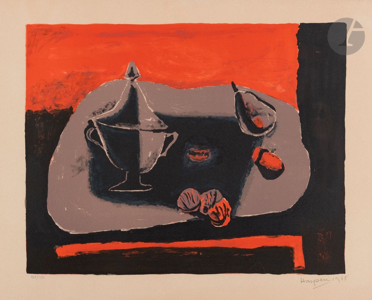 Henri Hayden (français d’origine polonaise, 1883-1970)
Nature morte à la soupière. 1968. 
Lithographie. À vue : 49 x 65 cm. Impression en couleurs. 
Belle épreuve sur vélin, numérotée, signée et datée au crayon, légèrement insolée. Toutes marges. Tirage à 150 épreuves. Cadre.