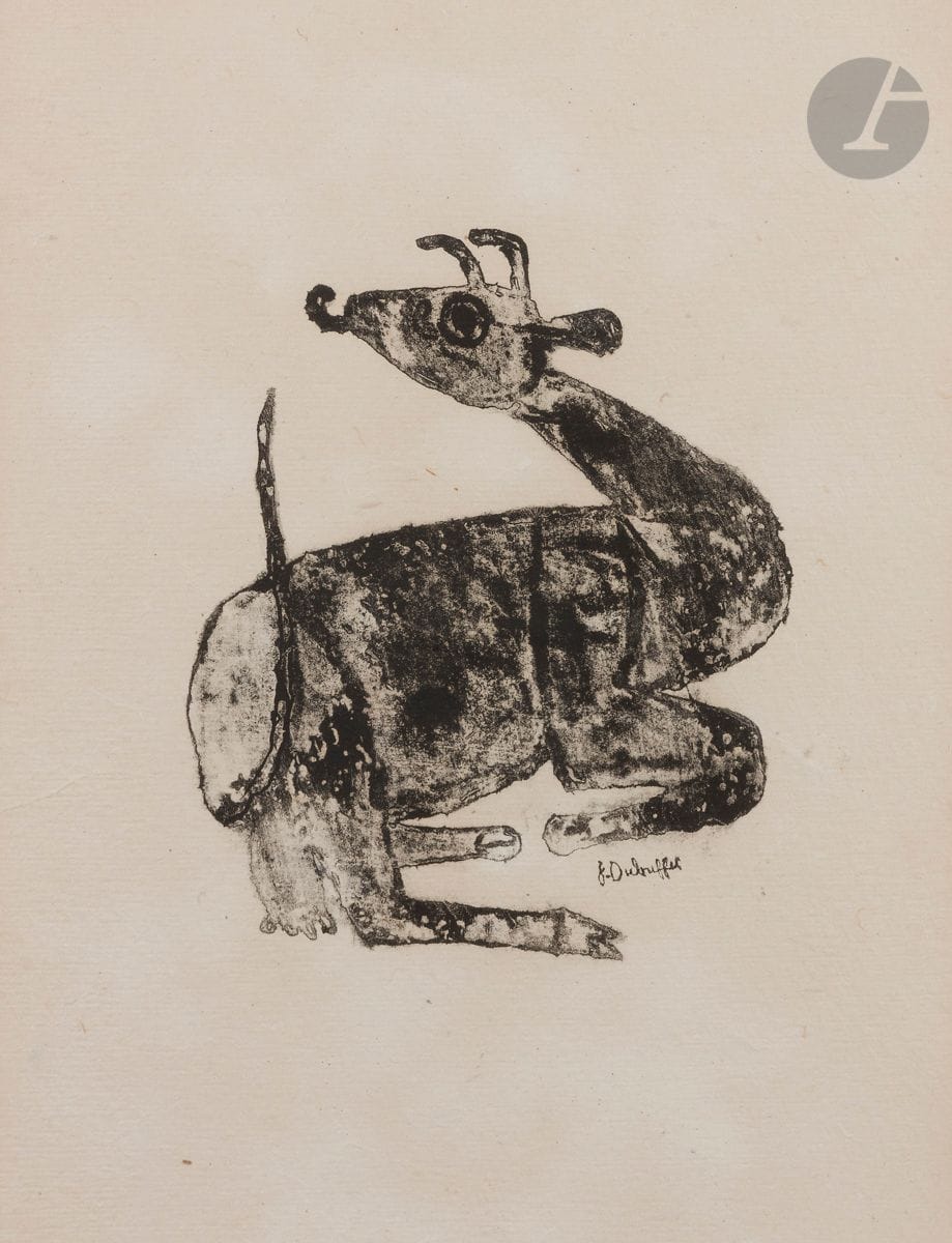 Jean Dubuffet (1901-1985)
Vache n° 3. (Pl. XXVII pour F. Ponge, Matière et mémoire, Paris, F. Mourlot, 1945).
Lithographie. 33 x 24,5 cm. Webel 39.
Très belle épreuve sur vergé crème d’Auvergne. Toutes marges non ébarbées (avec petits arrachements normaux aux bords du feuillet). Cadre.