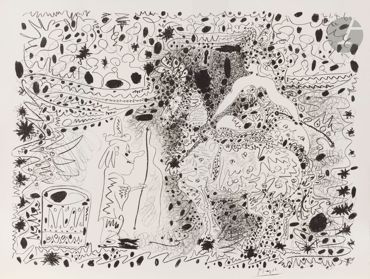 Pablo Picasso (1881-1973)
L’Écuyère. 1960.
Autographie. 50 x 64 cm. Mourlot 333 ; Bloch 999 ; Güse-Rau 699. Très belle et fraîche épreuve sur vélin blanc, avec la signature lithographiée, du tirage à nombre pour le journal Le Patriote (Nice).