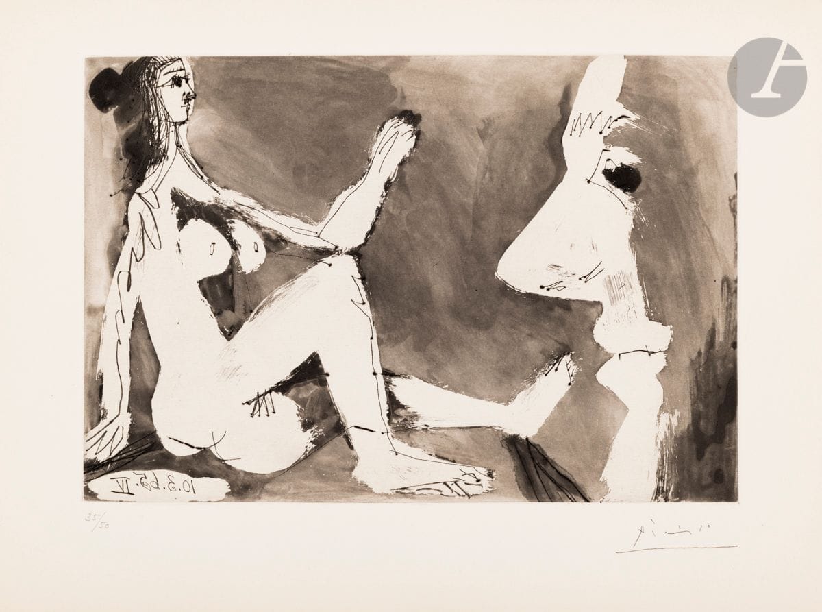 Pablo Picasso (1881-1973
)Woman with a mirror and a spectator. March 10, 1965. 
Etching and aquatint. 33 x 45 cm. Bloch 1212; Baer 1194 B b 1.
Perfect proof on Richard de Bas vellum (with slight old oxidation at the edges of the sheet, original), numbered and signed in pencil
.
All margins. Edition of 50 proofs. Published by the Louise Leiris gallery.


