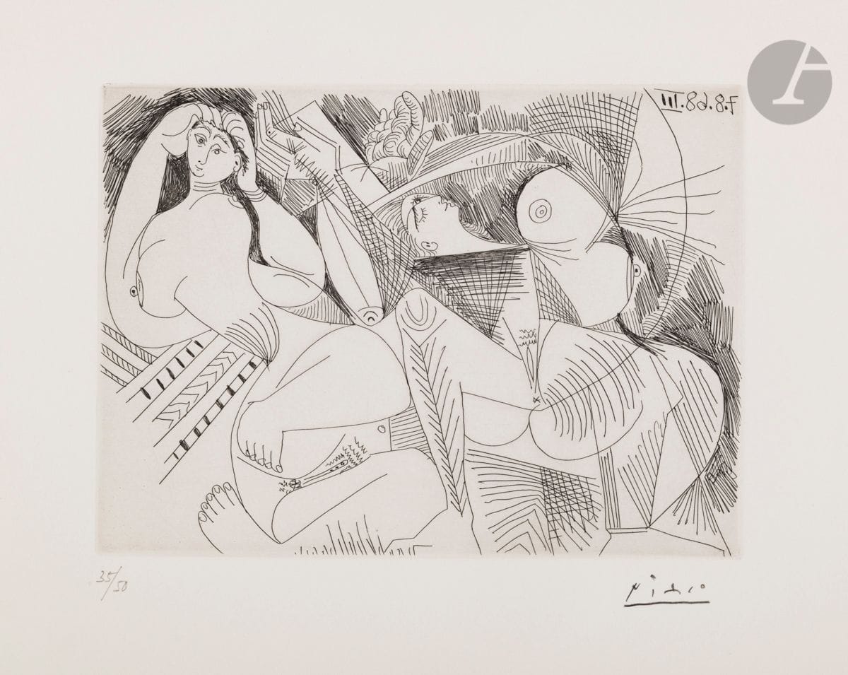 Pablo Picasso (1881-1973)
La Sieste : deux femmes. (Les 347, pl. 256). 7 août 1968. 
Eau-forte. 28 x 34,8 cm. Bloch 1736 ; Baer 1753 B b 1.
Parfaite épreuve sur vélin, numérotée et signée au crayon. Toutes marges. Tirage à 50 épreuves. Éd. de la galerie Louise Leiris (1969).
