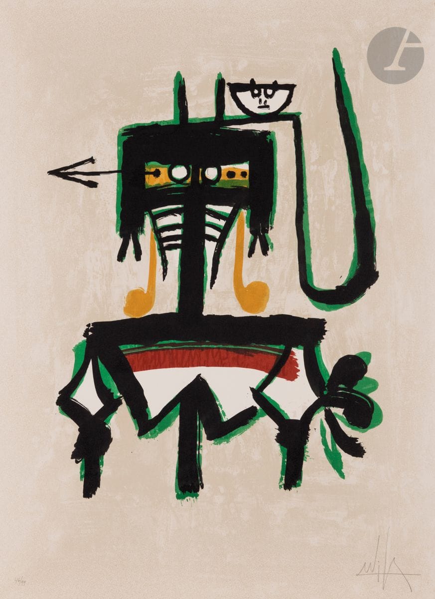 Wifredo Lam (cubain, 1902-1982)
Wifredo Lam. Olis, aguades y obra gravada. Affiche pour une exposition à la galerie Joan Prats, Barcelone. 1976.
Lithographie. 76 x 56 cm. Lam 363. Impression en couleurs. 
Parfaite épreuve tirée pleine feuille sur vélin, du tirage avant la lettre, numérotée et signée au crayon. Tirage à 99 épreuves. Polígrafa éd., Barcelone.