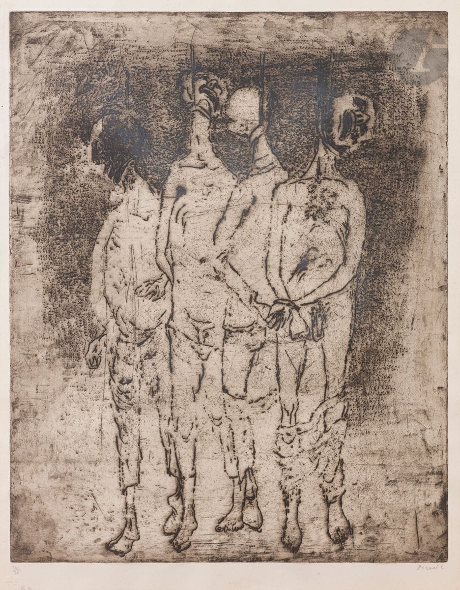 Zoran Mušič (slovène, 1909-2005)
Pendus. (Pl. IV de la suite Nous ne sommes pas les derniers). 1970. 
Eau-forte. 73 x 57 cm. Impression en noir bistré. 
Très belle épreuve sur vélin, signée et numérotée au crayon, collée par des morceaux de mousse sur fond de cadre. Infimes salissures et rousseurs aux bords du feuillet. Toutes marges. Tirage à 36 épreuves. Timbre sec : Atelier Lacourière Paris. Cadre.