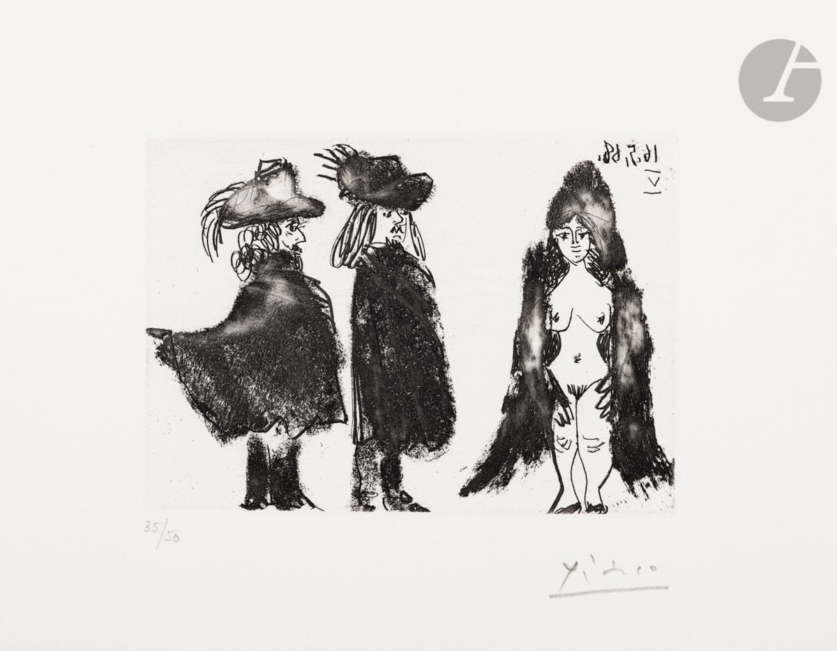 Pablo Picasso (1881-1973)
Cavalier et son valet, et jeune fille vêtue d’une mante. (Les 347, pl. 96). 16 mai 1968. 
Eau-forte (coton tige imprégné d’essence). 32,5 x 25 cm. Bloch 1576 ; Baer 1592 B b 1.
Parfaite épreuve sur vélin, numérotée et signée au crayon. Toutes marges. Tirage à 50 épreuves. Éd. de la galerie Louise Leiris (1969).