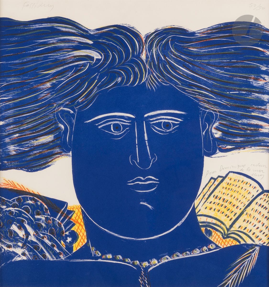 Alekos Fassianos (grec, 1935-2022)
Figure bleue. Vers 1980. 
Lithographie. À vue : 50 x 47,5 cm. Impression en couleurs. 
Épreuve sur vélin, signée et numérotée au crayon dans la partie supérieure du sujet, puis dédicacée à droite dans le sujet : « Pour Dominique couleur de la mer Alekos ». Pas de marges apparentes. Cadre.