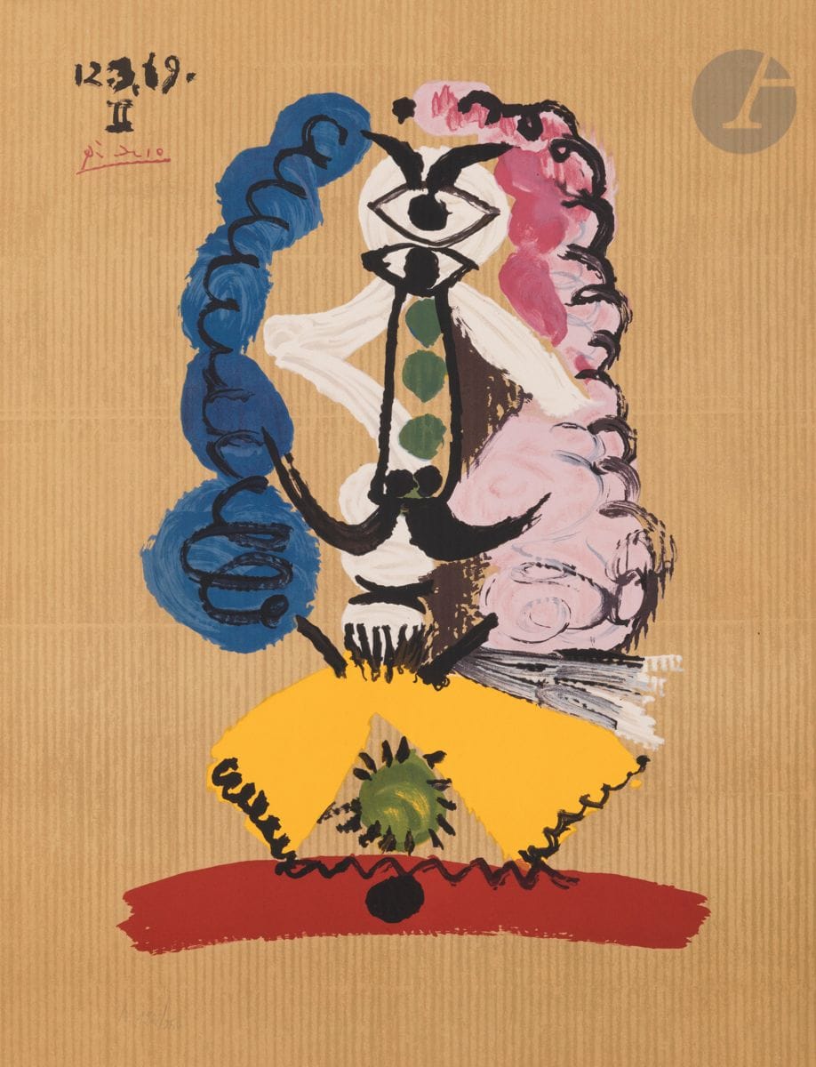 Pablo Picasso (1881-1973) (after
)Imaginary Portrait. 12.III.69. 1973.
Lithograph by Salinas after an oil on cardboard by the artist. 65,8 x 50,2 cm
.
Printed in colors. 
Very nice proof on strong white vellum (without the publisher's stamp on the back), justified in pencil. Slight traces of oxidation on the back. All margins.


