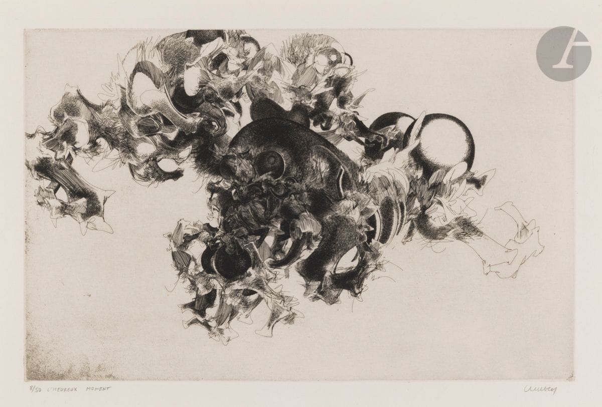 François Lunven (1942-1971)
L’Heureux moment. Vers 1965. 
Eau-forte. À vue : 33,5 x 49,5 cm. 
Très belle épreuve sur vélin, numérotée, titrée et signée au crayon. Marges. Tirage à 50 épreuves. Cadre.