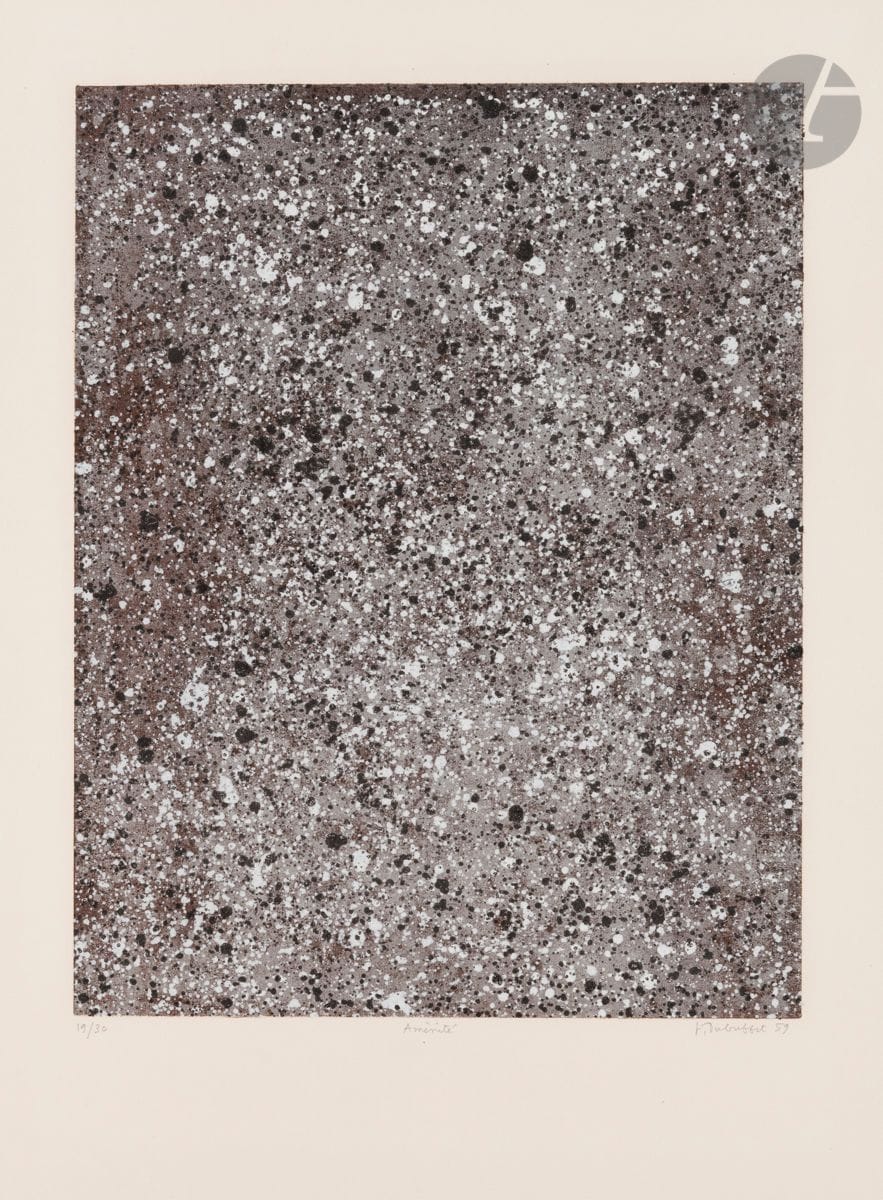 Jean Dubuffet (1901-1985)
Aménité. (Pl. VI de l’album 5, Cadastre, Suite Les Phénomènes). 1959.
Lithographie. 65,5 x 50 cm. Webel 680. Impression en couleurs. 
Très belle épreuve sur vélin, numérotée, titrée, signée et datée au crayon. Toutes marges non ébarbées. Tirage à 30 épreuves. Cadre.