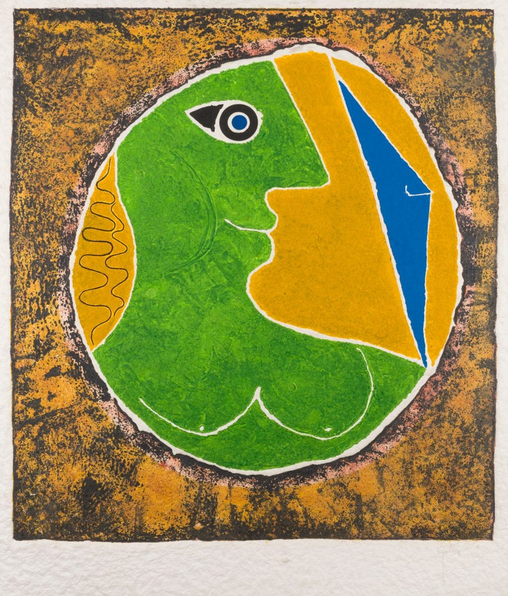 Juan García Ripollés (espagnol, né en 1932)
Femme verte. Vers 1980.
Gravure au carborundum et morsure directe. 105 x 83,5 cm. Impression en couleurs. 
Très belle épreuve sur papier cotonneux épais à la forme, numérotée et signée au crayon. Petites taches d’encre ocre au bord inférieur droit du feuillet. Toutes marges. Tirage à 45 épreuves. Cadre.