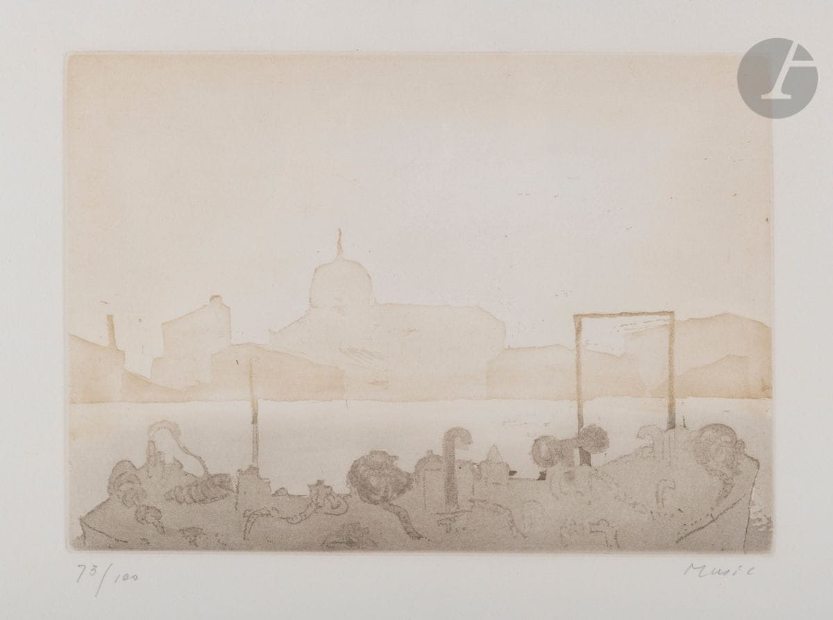 Zoran Mušič (slovène, 1909-2005)
Pl. 3 (sur 6) pour l’album Sechs Ansichten des Canale della Giudecca, texte de Peter Handke, Widrich, 1981. 
Eau-forte et aquatinte. 38 x 48 cm. Impression en bistre. 
Parfaite épreuve sur vélin blanc, numérotée et signée au crayon. Toutes marges non ébarbées. Tirage à 100 épreuves. Cadre.