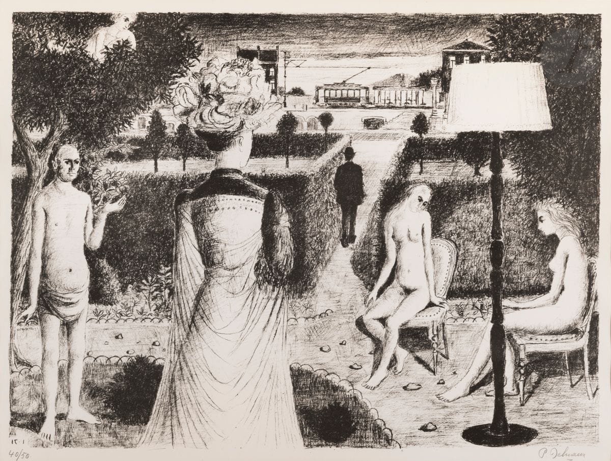 Paul Delvaux (1897-1984
)The Garden. 1971. 
Lithograph. Sight : 59 x 78 cm. Jacob 47.
very nice proof on vellum, numbered and signed in pencil
.
Margins. Edition at 50 proofs. Framed.



