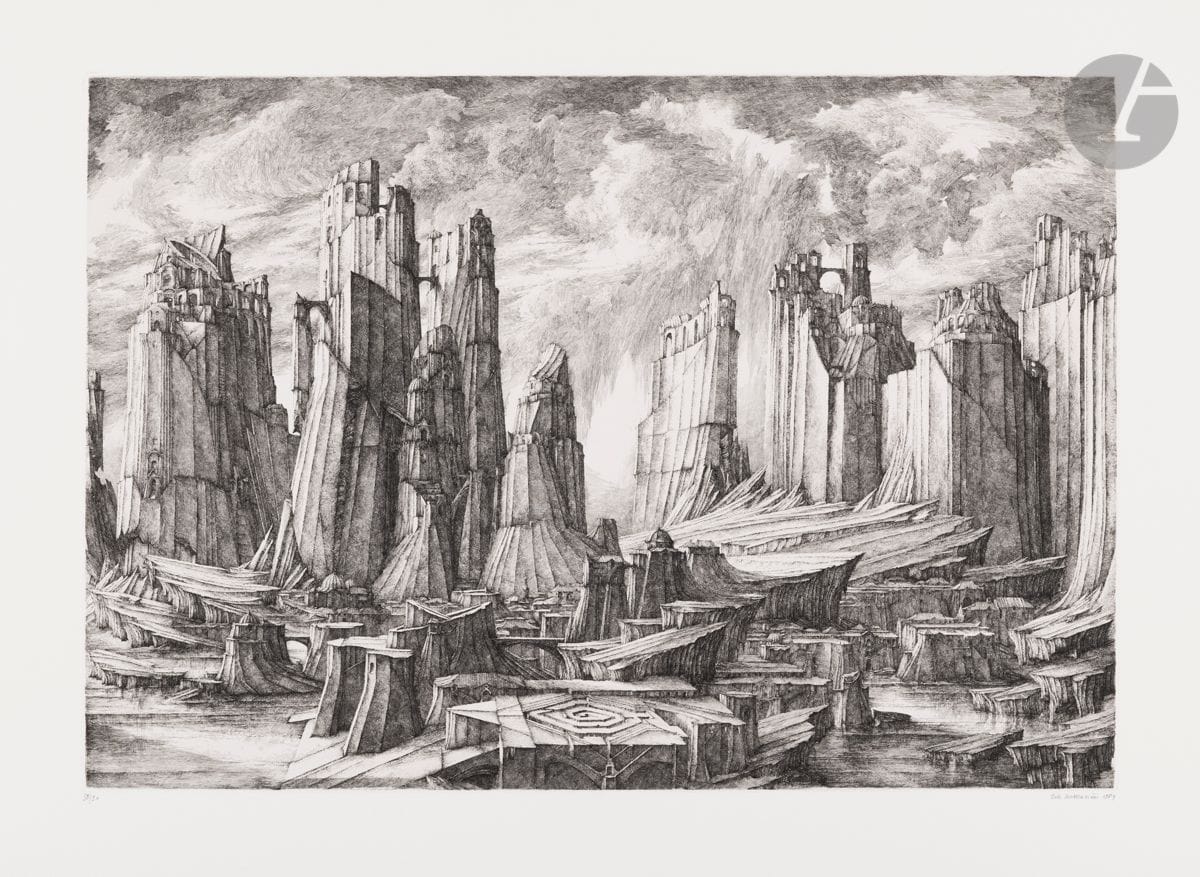Érik Desmazières (born 1948
)Ville septentrionale. 1984. 
Etching. 57 x 76 cm. Fitch 77.
perfect proof on white vellum, numbered, titled, signed and dated in pencil
.
All margins. Edition at 90 proofs.


