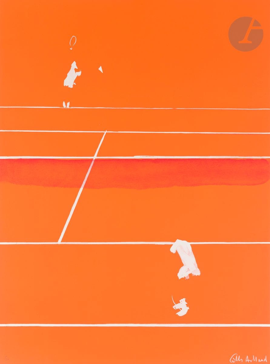 Gilles Aillaud (1928-2005)
Tennis. 1982. 
Lithographie. 76 x 56 cm. Impression en couleurs. 
Parfaite épreuve tirée pleine feuille sur vélin fort, numérotée et signée au crayon. Tirage à 150 épreuves.