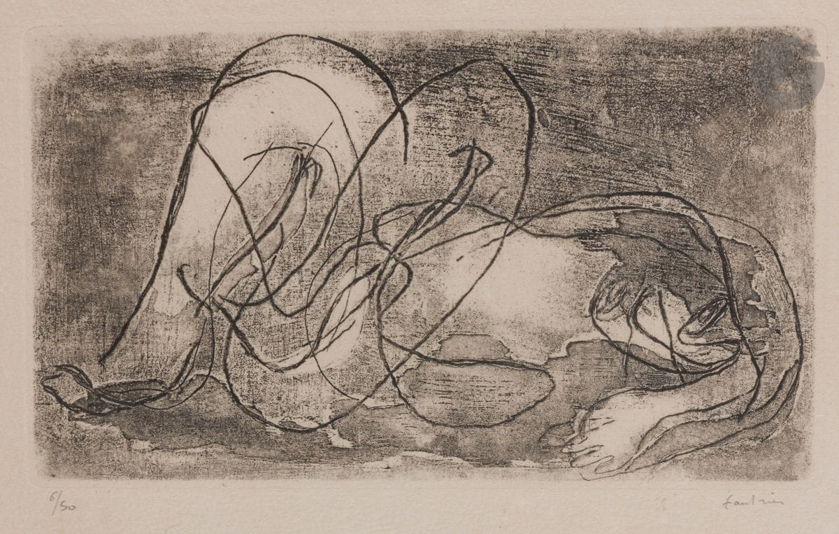 Jean Fautrier (1898-1964)
Femme étendue IV. 
Eau-forte et aquatinte. 31 x 46 cm. Mason 216. 
Belle épreuve sur vélin d’Auvergne à la forme, du tirage Couturier (vers 1960) à 50 épreuves, numérotée et signée au crayon. Petites auréoles d’humidité circuliares dans les deux angles droits. Toutes marges non ébarbées. Cadre.