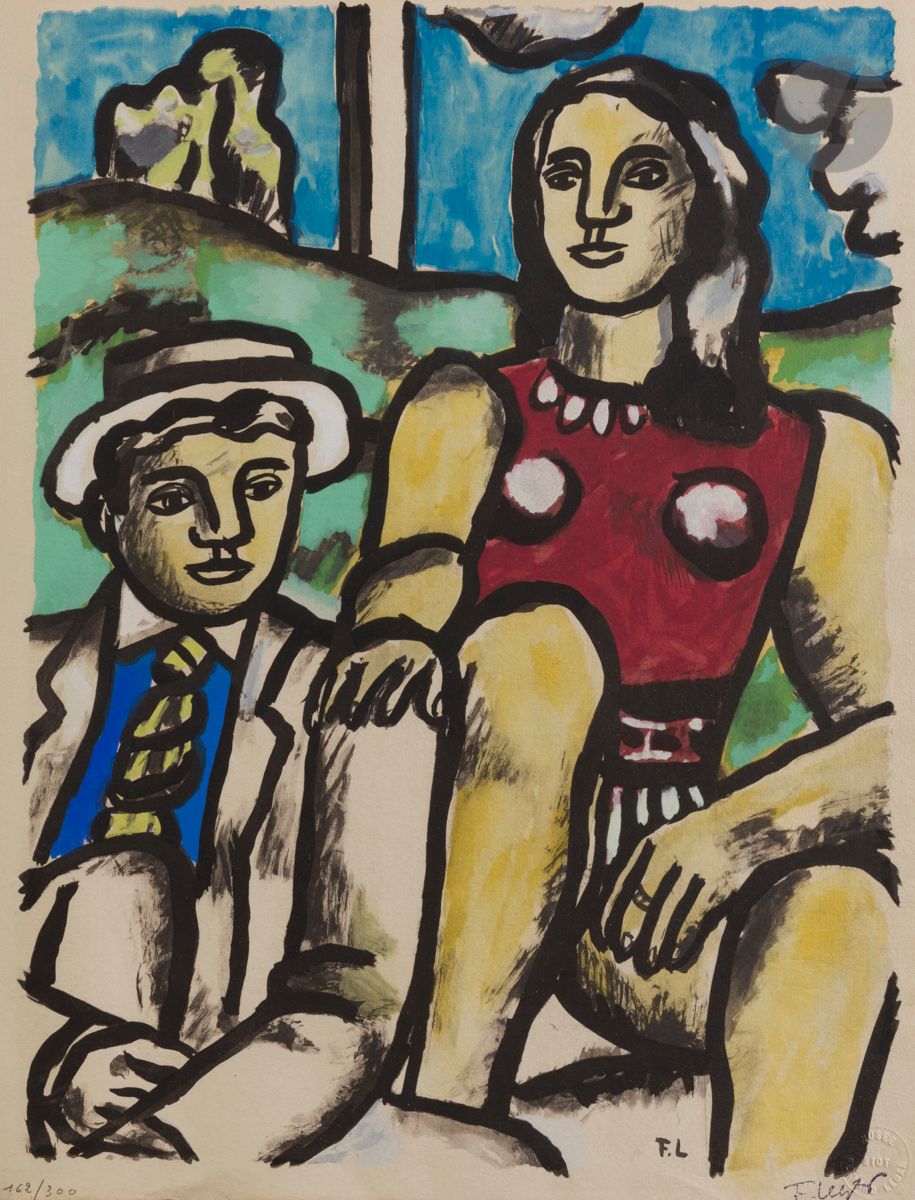 Fernand Léger (1881-1955) (after
) Man and Woman. 
Lithograph and stencil colors. 50 x 40 cm. 
Nice proof on vellum, numbered in pencil, with the signature stamp and the dry stamp of the Fernand Léger museum in Biot. All margins. Edition at 300 proofs. Framed.


