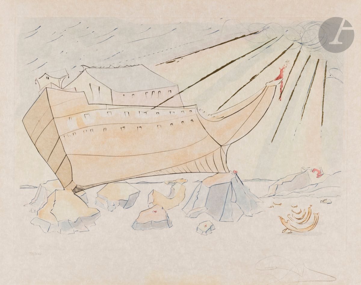 Salvador Dalí (1904-1989)
L’Arche de Noé. (Pl. pour Our Historical Heritage). 1975.
Pointe sèche, coloris au pochoir et à l’encre bronze doré. À vue : 49 x 62,5 cm. Michler et Löpsinger 762.
Belle épreuve sur japon nacré, revêtue d’une numérotation et d’une signature (non garantie) au crayon. Marges. Cadre.