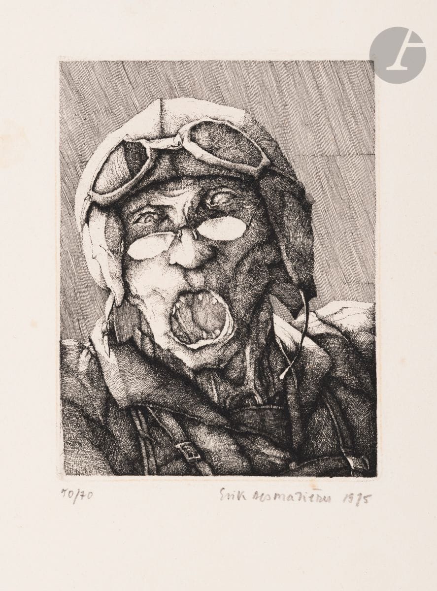 Érik Desmazières (born in 1948
)The Aviator. 1975. 
Etching. 25,2 x 16,5 cm. Fitch 17.
nice proof on cream vellum, numbered, signed and dated in pencil
.
Light scattered foxing. All margins. Edition at 70 proofs.


