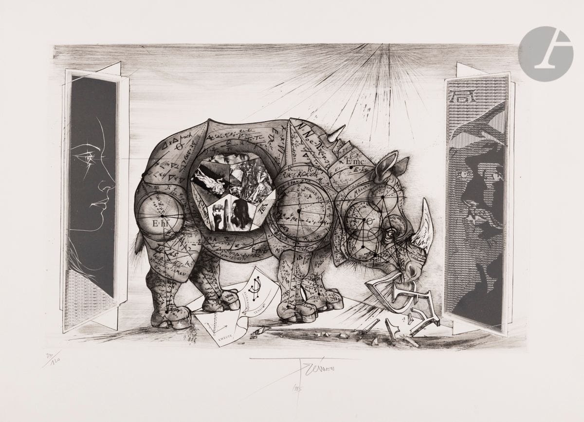 Pierre-Yves Trémois (1921-2020)
Rhinocéros (hommage à Dürer). 1985. 
Eau-forte. 56,5 x 76 cm.
Très belle épreuve sur vélin blanc, numérotée, signée et datée au crayon. Toutes marges. Tirage à 120 épreuves.