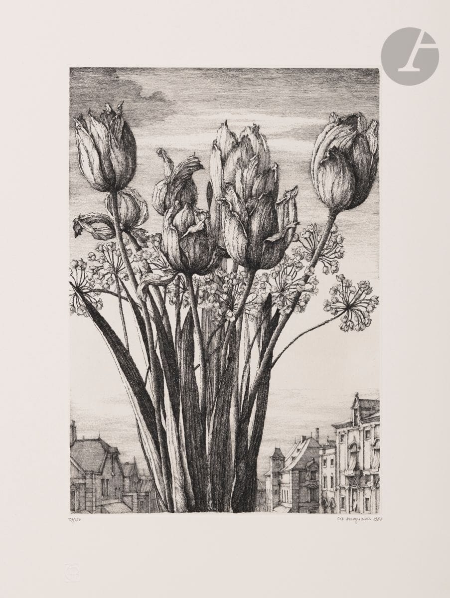 Érik Desmazières (born in 1948
)Tulips. 1983.
etching. 45 x 33 cm
.
Fitch 74.
perfect proof on white vellum, numbered, signed and dated in pencil
.
All margins. Edition at 150 proofs. Dry stamp : Société des Peintres-Graveurs Français (Lugt 1195a).



