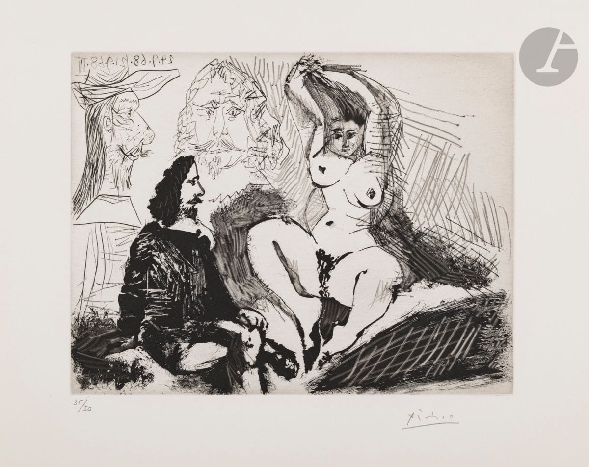 Pablo Picasso (1881-1973
)Man seated next to a woman doing her hair, with two painters behind (The 347, pl. 330). 21-24 September 1968. 
Aquatint with sugar, scraper and drypoint. 33 x 40.5 cm. Bloch 1810; Baer 1827 II B b 1.
Perfect proof on vellum, numbered and signed in pencil
.
All margins. Edition of 50 proofs. Published by the Louise Leiris gallery (1969).


