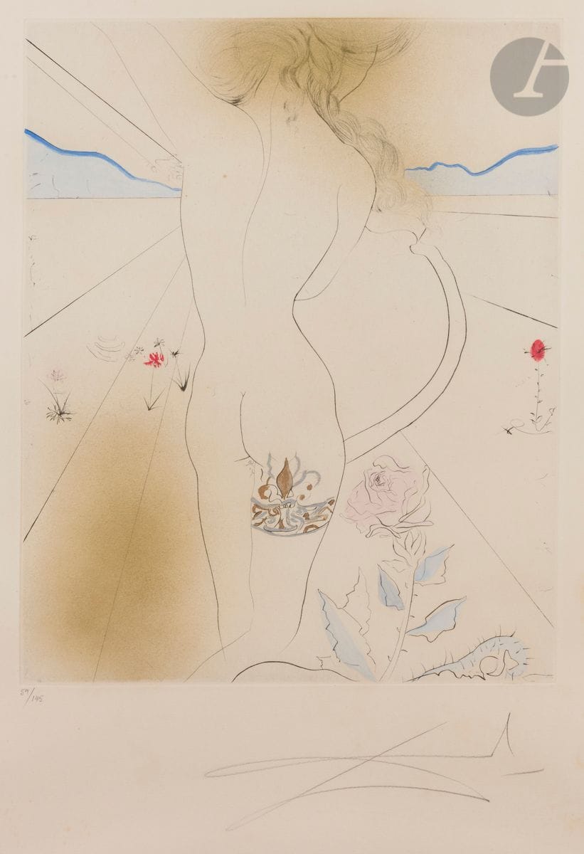 Salvador Dalí (1904-1989)
Nu à la jarretière. (Pl. pour Hippies). 1969-1970. 
Pointe sèche. À vue : 62,5 x 49 cm. Michler et Löpsinger 381. Coloris au pochoir et à l’encre bronze doré.
Très belle épreuve sur vélin blanc, numérotée au crayon et revêtue d’une signature ainsi que du timbre sec. Légère oxydation du feuillet. Quelques rousseurs claires. Taches rousses dans la marge droite. Marges. Tirage à 145 épreuves. Cadre.
