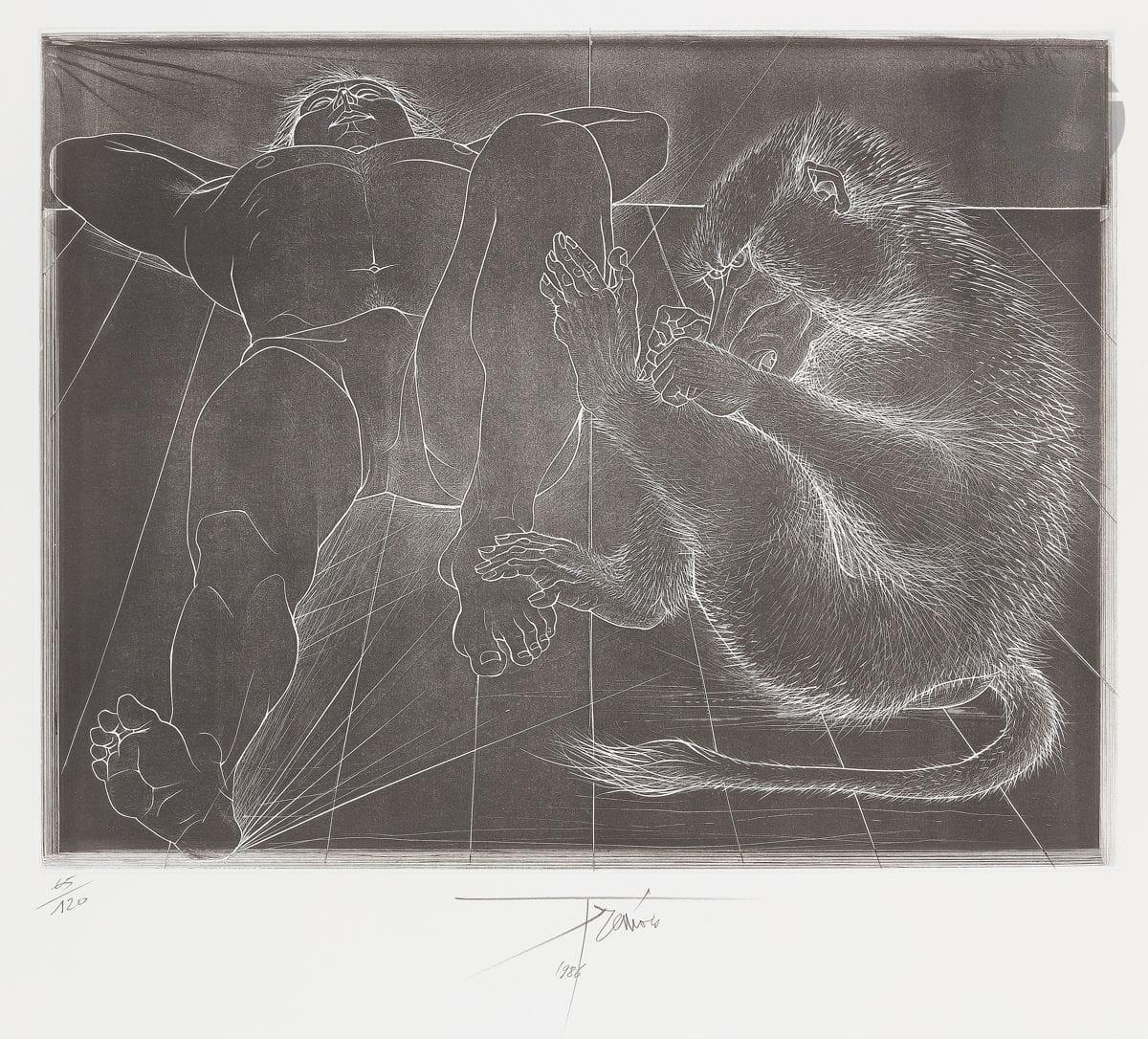 Pierre-Yves Trémois (1921-2020
)Man with baboon. 1986. 
Typographic etching. 57 x 76 cm.
Perfect proof on white vellum, numbered, signed and dated in pencil. All margins. Edition at 120 proofs.


