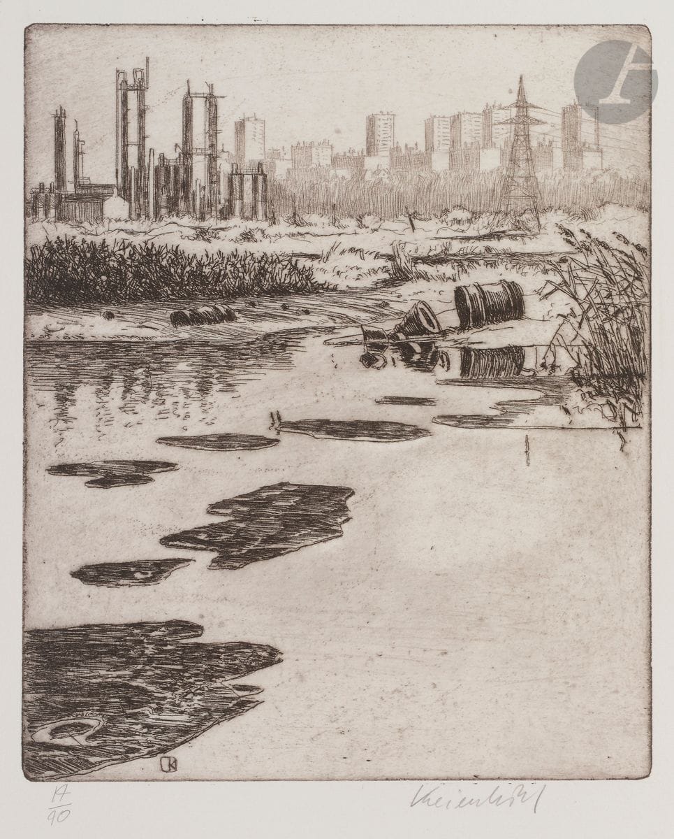 Jürg Kreienbühl (suisse et français, 1932-2007) 
Étang pollué et ville du Havre. 1972. 
Eau-forte et pointe sèche sur zinc. 45 x 37,5 cm. Plumart G 52. 
Parfaite épreuve sur vélin, numérotée et signée au crayon. Tirage à 45 épreuves.