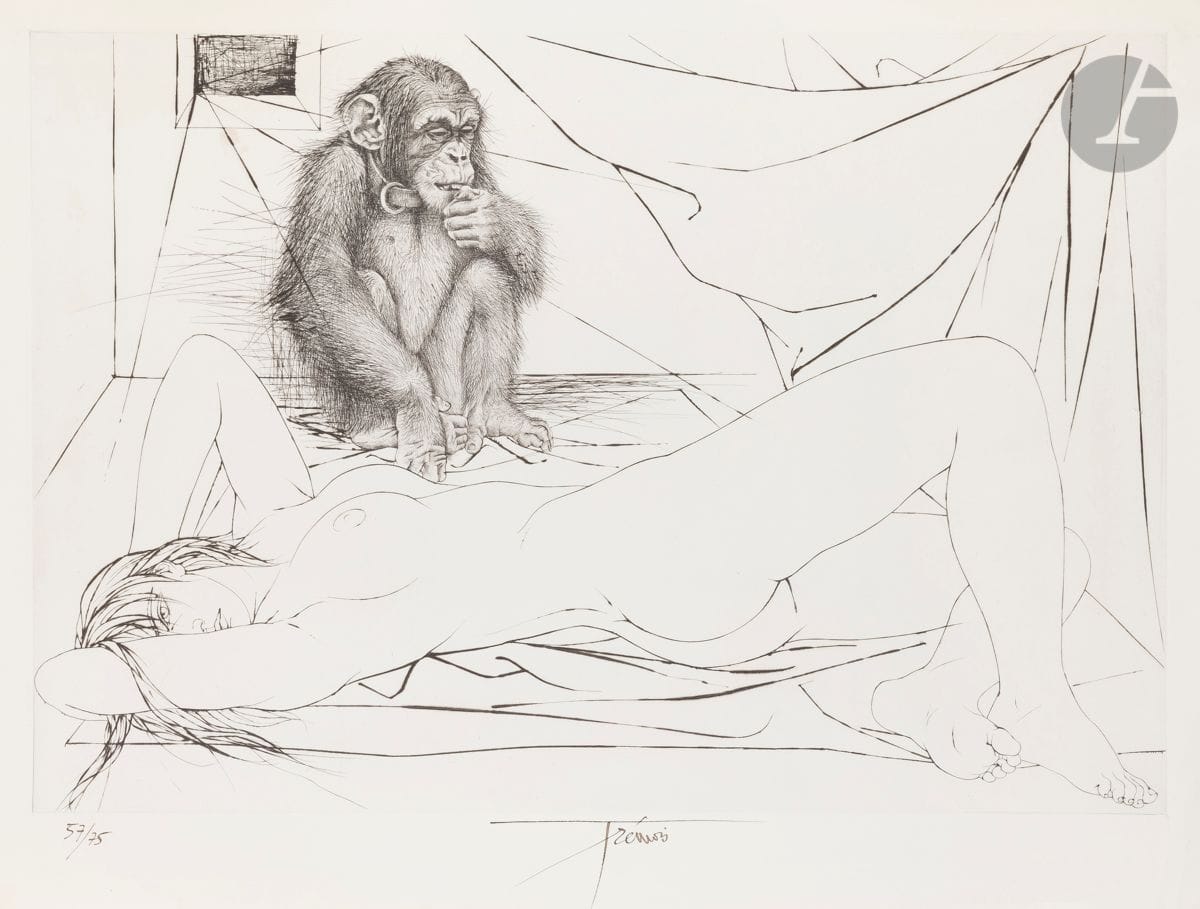 Pierre-Yves Trémois (1921-2020)
Femme nue et chimpanzé. Vers 1985. 
Pointe sèche. 57 x 76 cm.
Très belle épreuve sur vélin blanc, numérotée et signée à la plume et à l’encre. Léger pli souple horizontal en travers du feuillet, à hauteur de la femme. Légère oxydation marginale. Auréoles brunâtres le long du bord gauche au verso. Toutes marges. Tirage à 75 épreuves.