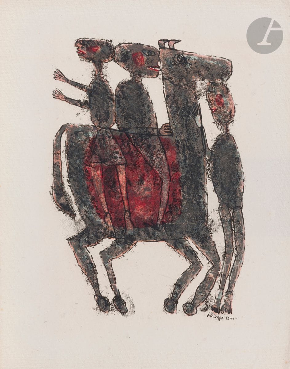 Jean Dubuffet (1901-1985)
Réunion de 9 pl. (sur 34) pour F. Ponge, Matière et mémoire, Paris, F. Mourlot, 1945. 
Lithographie. Chaque [33 x 25 cm]. Belles épreuves sur vergé d’Auvergne à la forme. Quelques rousseurs claires. Toutes marges. Accompagnées du texte dans une chemise brune portant le titre « Matière et mémoire ou les lithographes à l’école » sur le premier plat, le tout contenu dans un cartonnage de toile noire avec titre en lettres dorées sur le premier plat. Tirage à 60 épreuves. 

Liste des planches : 

- Le Salut de la fenêtre. Webel 15 ; 
- Travaux d’aiguille. Webel 17 ;
- Départ à cheval. Webel 23. Impression en couleurs ; 
- Pianiste. Webel 27 ;
- Paysage. Webel 29 ;
- Maternité. Webel 36 ;
- Vache n° 4. Webel 40. Fin pli de tirage oblique en bas à droite ; 
- Le Supplice du téléphone. Webel 42 ; 
- Moucheur. Webel 46.