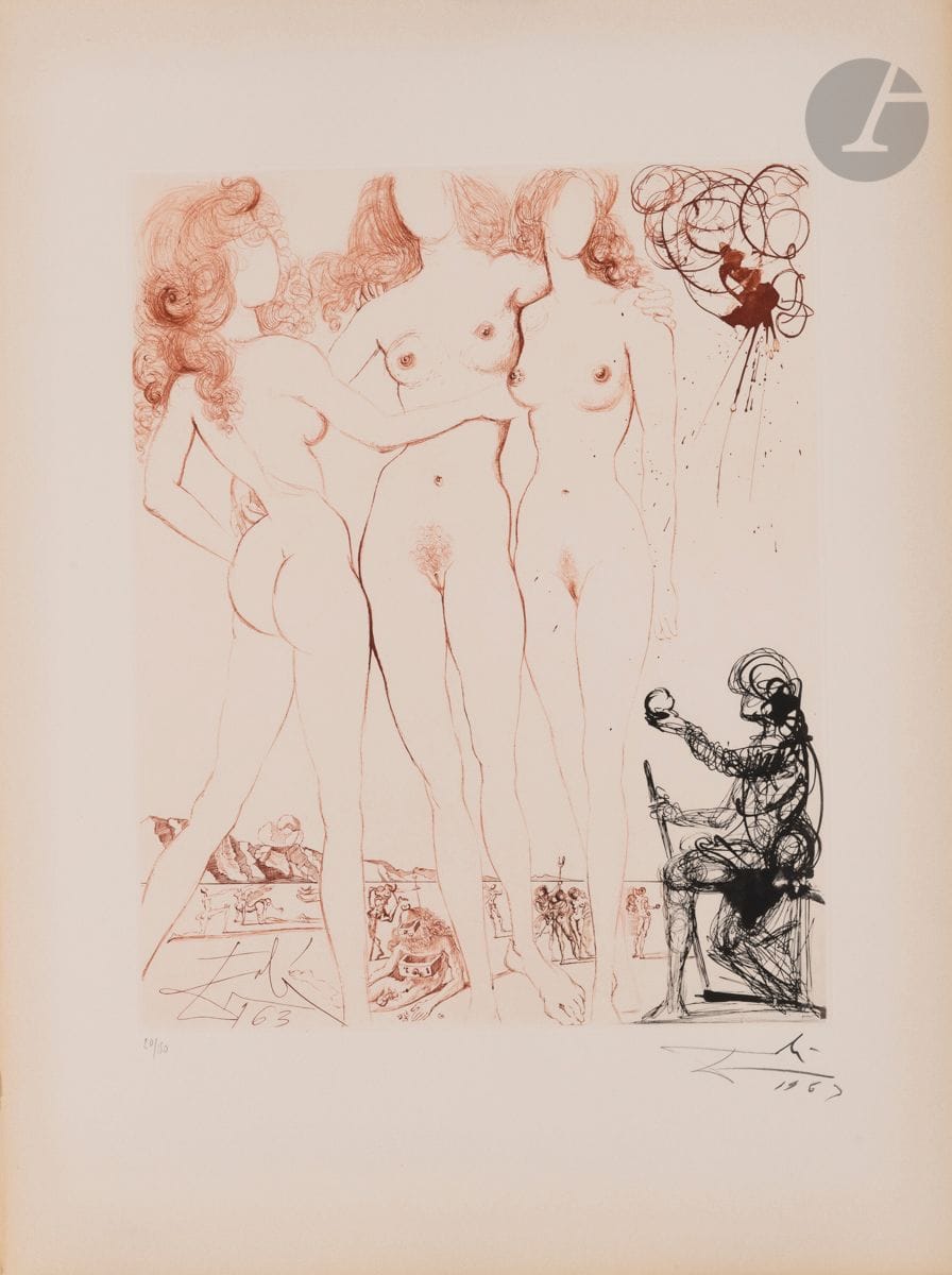 Salvador Dalí (1904-1989
)The Judgment of Paris (Mythology, pl. 8).
1963-1965.

Heliogravure and drypoint. 76 x 56,5 cm
.
Michler and Löpsinger 123. color print.
Very nice proof on "Arches" watermarked vellum, signed and dated "1963" in pencil. Light traces of oxidation at the edges of the sheet. All margins. Edition at 150 proofs on this paper. Argillet ed.


