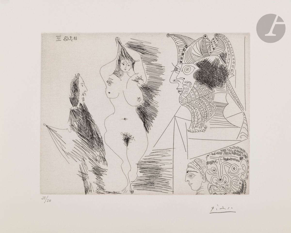 Pablo Picasso (1881-1973
)Young woman and gentleman; Egyptian sculpture with painted base. (The 347, pl. 323). September 18, 1968. 
Etching. 32.8 x 40 cm. Bloch 1803; Baer 1820 B b 1.
Perfect proof on vellum, numbered and signed in pencil
.
All margins. Edition of 50 proofs. Published by the Louise Leiris gallery (1969).


