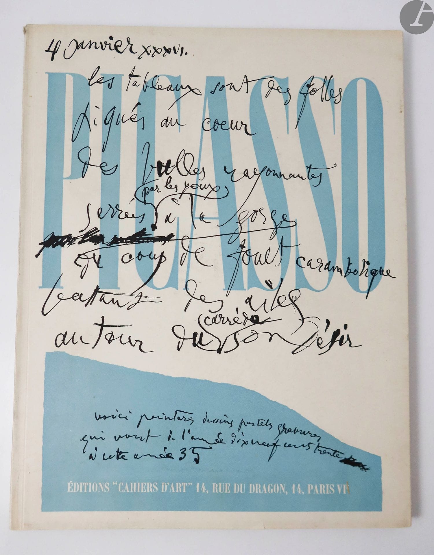 PICASSO (Pablo).
Picasso. 1930-1935.
Paris : Cahiers d'art, [1936]. — In-4, broché, couverture rempliée.

Édition originale.

Ouvrage consacré à Pablo Picasso, auquel collaborèrent Christian Zervos, Paul Éluard, André Breton, Georges Hugnet, etc. Il est illustré de nombreuses reproductions d'œuvres de l'artiste en noir et en couleurs, ainsi que d'un portrait du peintre par Man Ray.

Exemplaire très bien conservé, complet de l'encart central de plus petit format illustré d'une composition en noir de Picasso, et de l'errata.