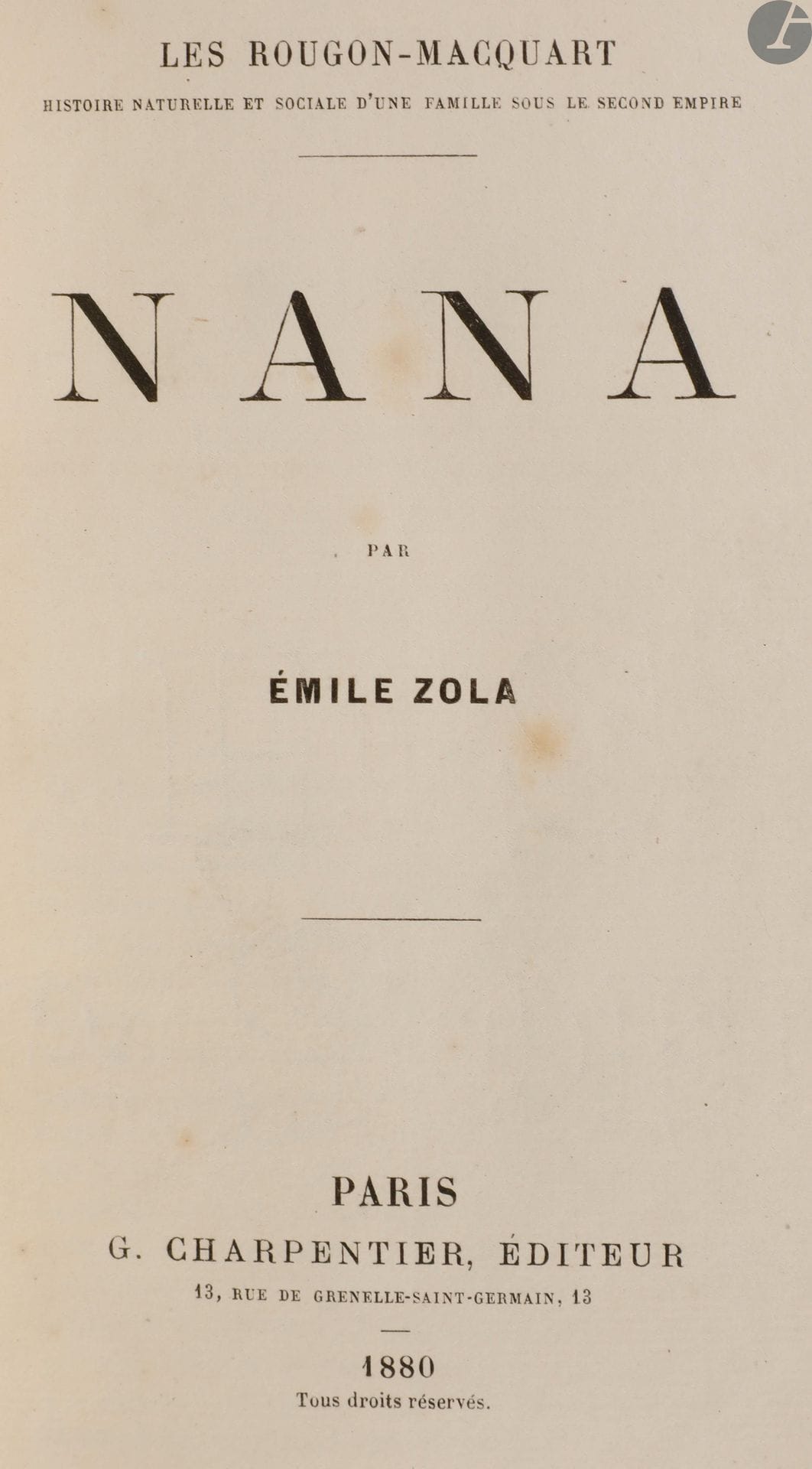 ZOLA (Émile).
Nana.
Paris : G. Charpentier, 1880. — In-18, 186 x 130 : (2 ff.), 524 pp., couverture imprimée. Demi-maroquin carmin à coins, dos à nerfs, tête dorée, non rogné, couverture conservée (H. Blanchetière).

Édition originale d’un des plus importants romans d’Émile Zola (1840-1902), neuvième opus de la série des Rougon-Macquart. Le texte fut d’abord publié en feuilleton dans la revue Le Voltaire du 16 octobre 1879 au 5 février 1880.

Un des 325 exemplaires imprimés sur papier de Hollande.

Bon exemplaire en reliure de Blanchetière.
Dos très légèrement éclairci. Restaurations, salissures et rousseurs à la couverture. Rousseurs éparses dans le volume, touchant essentiellement les tranches.