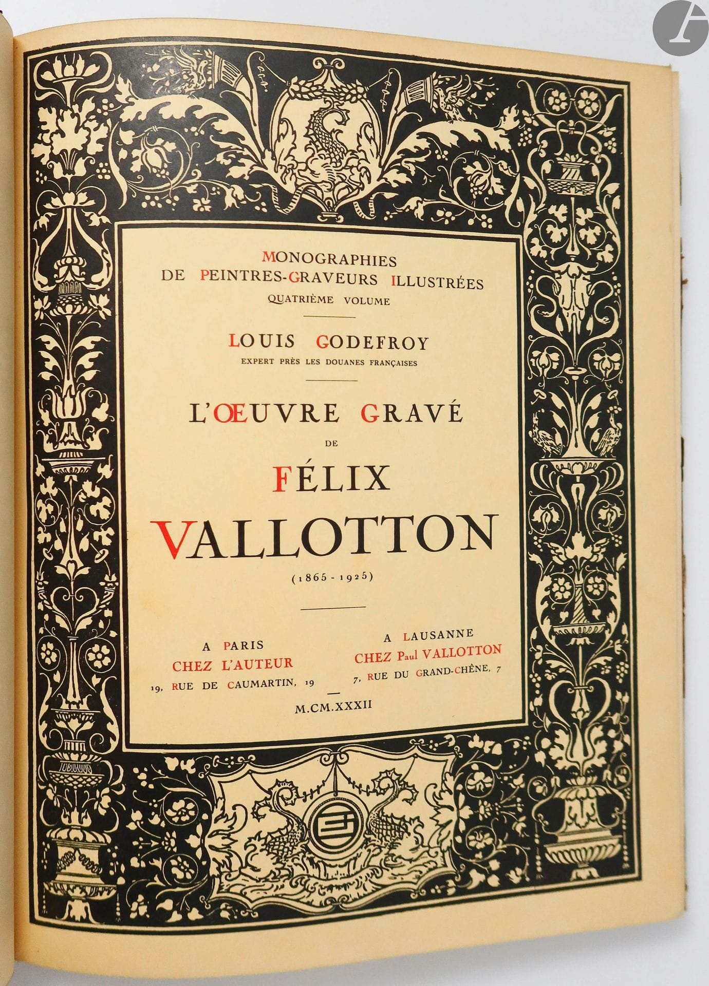 [VALLOTTON (Félix)] - GODEFROY (Louis).
L'Œuvre gravé de Félix Vallotton (1865-1925).
Paris : l'auteur ; Lausanne : Paul Vallotton, 1932. — In-4, demi-chagrin rouge, dos à nerfs, couverture conservée (Barast).

Édition originale illustrée de très nombreuses reproductions en noir dans le texte.

UN DES 30 EXEMPLAIRES SUR JAPON DES MANUFACTURES IMPÉRIALES, ORNÉS D'UNE XYLOGRAPHIE ORIGINALE EN DEUX ÉTATS, sur japon et sur chine.

Frottements d'usage et quelques épidermures au dos, coins émoussés. Très bon état intérieur.