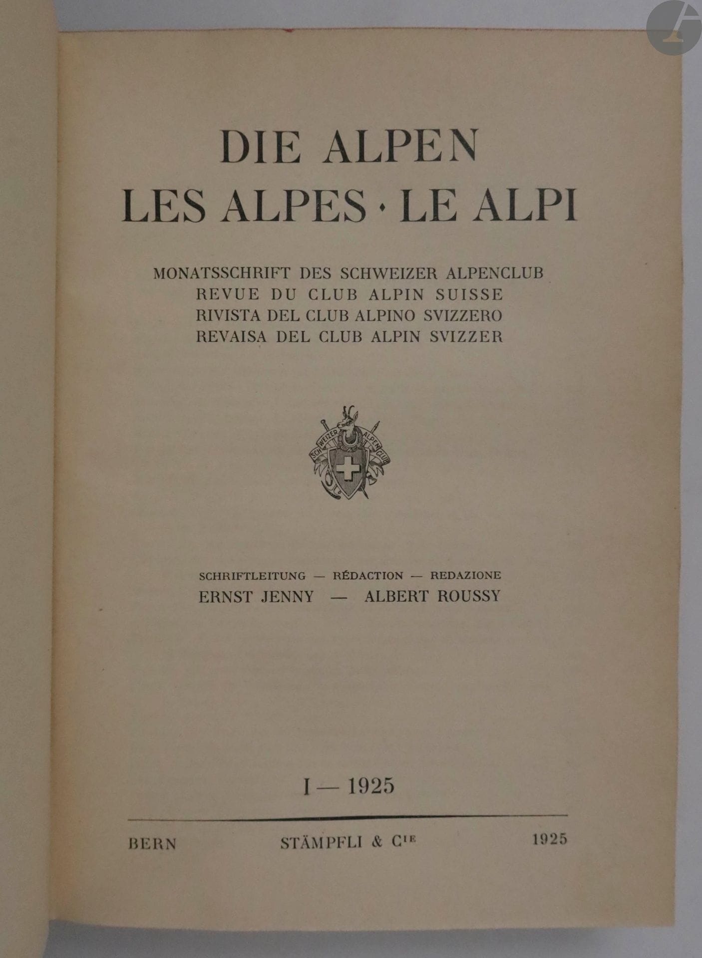 
*[ALPES] - JENNY (Ernst) - ROUSSY (Albert).



Les Alpes. Revue du club alpin Suisse.



Bern : Stämpfli & Cie, 1925-1935. — 11 volumes grand in-8, demi-basane marbrée, dos à nerfs orné, tête rouge (reliure de l'époque).





Ensemble des 11 premières années complètes de cette revue multilingue consacrée aux Alpes et publiée par le Club Alpin Suisse, comprenant de nombreuses illustrations hors texte.





Exemplaire en reliures uniformes. Dos passés, frottements et épidermures.





ATTENTION : 
ce lot est soumis à 5,5 % de frais additionnels au titre de la taxe à l’importation temporaire.