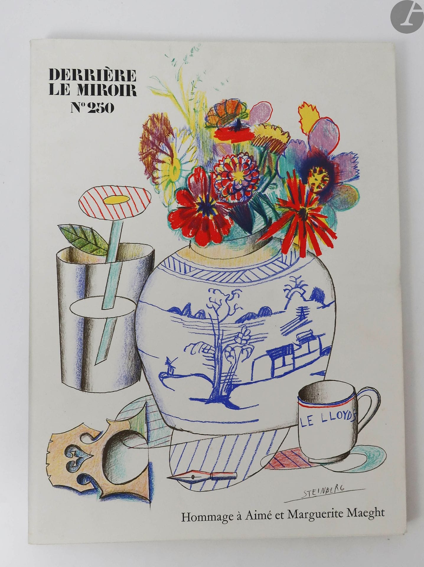 [REVUE - DERRIÈRE LE MIROIR].
Hommage à Aimé et Marguerite Maeght.
Paris : Maeght, [1982]. — In-folio, broché, sous jaquette illustrée et chemise rigide en toile bleue de l'éditeur.

Numéro spécial, le 250, de « Derrière le miroir ».

« Ce numéro spécial de Derrière le miroir a été conçu et défini par Aimé Maeght dès l'automne 1980. Il envisageait sa parution comme une fête à laquelle devaient être associés les artistes et les écrivains publiés depuis 1946. Il a également choisi François Chapon, président du Comité Reverdy, pour en écrire la présentation. Ce Derrière le miroir numéro 250 a pris figure, après sa disparition le 5 septembre 1981, d'un hommage à Aimé Maeght et à son épouse Marguerite Maeght décédée quatre plus tôt. 24 artistes ont accepté de réaliser une œuvre graphique originale pour ce numéro qui comporte la table générale de tous les numéros ainsi que des extraits de textes de 32 écrivains. »

Lithographies originales de STEINBERG (couverture), Marc CHAGALL, Joan MIRÓ, Bram van VELDE, REBEYROLLE, TÀPIES, TAL-COAT, Pierre ALECHINSKY, Raoul UBAC, Pol BURY, KAPLECK, TITUS-CARMEL, KELLY, BAZAINE, ADAMI, ARAKAWA, RIOPELLE, TAKIS, GARACHE, GARDY-ARTIGAS et FIEDLER . Sérigraphies originales de CHILLIDA, PALAZUELO et MONORY.

Exemplaire très bien conservé.

Joint :
- La Fondation Marguerite et Aimé Maeght. Texte de Henri Maldiney. Paris : Maeght, [1964]. — In-folio, cartonnage de l'éditeur.

Numéro 148 de la revue « Derrière le miroir », édité à l’occasion de l’inauguration par André Malraux de la Fondation Marguerite et Aimé Maeght.

Il est illustré de 55 photographies en noir, de 2 LITHOGRAPHIES ORIGINALES d’Alberto GIACOMETTI et de Joan MIRÓ, et de 4 lithographies en couleurs d’après les maquettes exécutées pour la Fondation par Braque, Chagall, Ubac et Pierre Tal Coat.

Légères usures aux coiffes et aux coins. Petites et discrètes taches sur le premier plat.