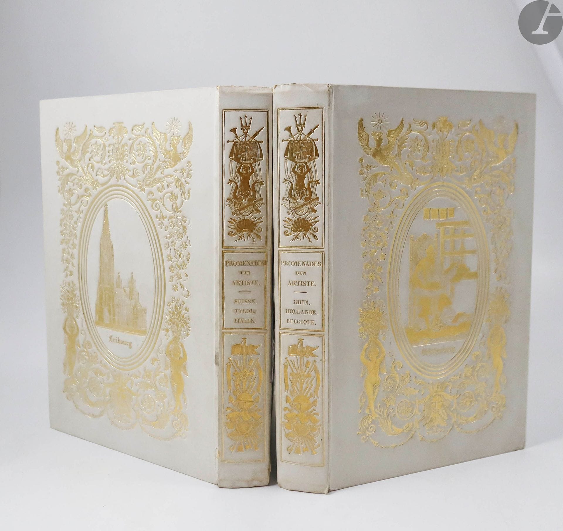 
*[NISARD (Désiré)].



Promenades d'un artiste. Bords du Rhin. Hollande. Belgique. — Tyrol. Suisse. Nord de l'Italie.



Paris : Jules Renouard, [1835-1836]. — 2 volumes in-8, cartonnage blanc de l'éditeur, orné de plaques dorées sur les plats et le dos, tranches dorées, étui.





Édition originale illustrée en premier tirage de 52 planches gravées sur acier, soit 26 dans chaque volume, d'après Stanfield et Turner.





Rare exemplaire en cartonnage de l'éditeur.





Fente à deux charnières, quelques salissures aux étuis. Rousseurs éparses.



Provenance : Pierre Van der Rest, avec ex-libris.





ATTENTION : 
ce lot est soumis à 5,5 % de frais additionnels au titre de la taxe à l’importation temporaire.