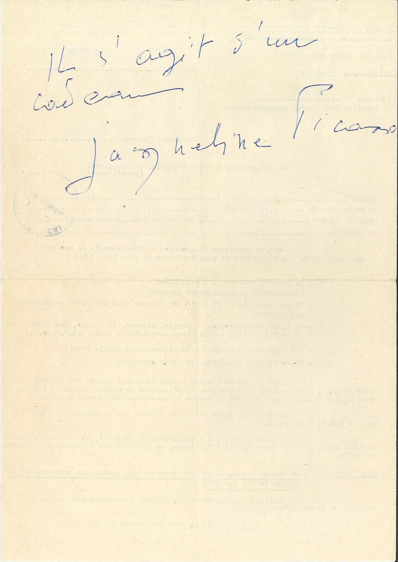 Jacqueline PICASSO (1927-1986). P.A.S., June 5, 1984; half page in-4.

  Customs form for a shipment from the Catalan art book publisher Gustavo Gili. The Postal Customs Control Center asks her for the invoice for the shipment in order to proceed with customs clearance. She wrote on the back of the sheet: "It is a gift", and signed it.

