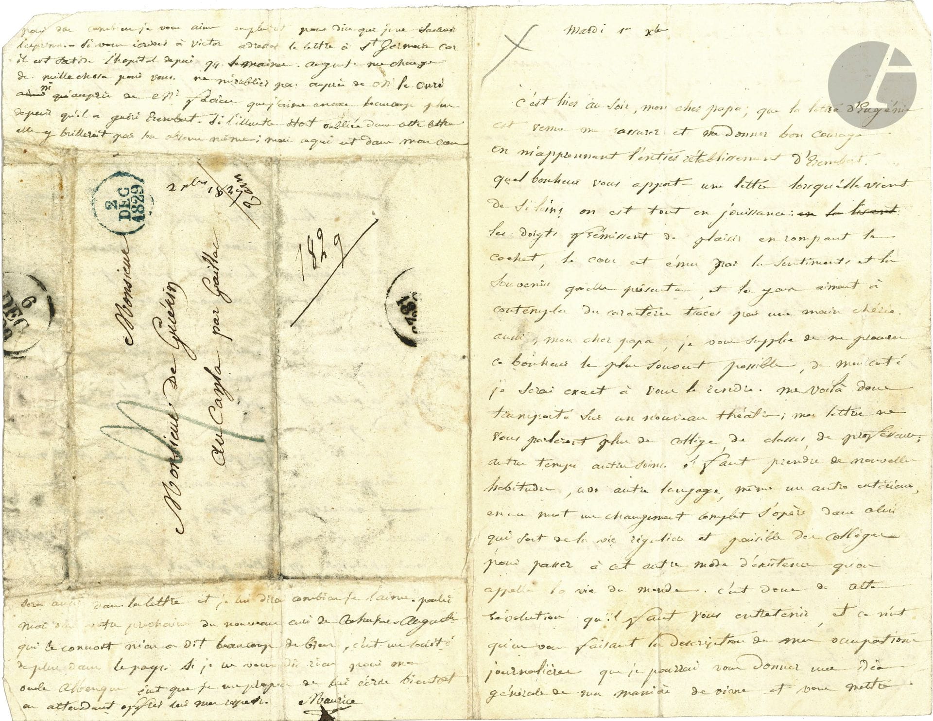 Maurice de GUÉRIN (1810-1839). L.A.S. « Maurice », [Paris] Mardi 1er Xbre [décembre 1829], à son père M. de Guérin au Cayla ; 4 pages in-8, adresse.

   Belle et rare lettre de jeunesse à son père. Les lettres de Maurice de Guérin, mort à vingt-neuf ans, sont très rares.
   ... « Quel bonheur vous apporte une lettre lorsqu’elle vient de si loin ! On est tout en jouissance : les doigts frémissent de plaisir en rompant le cachet, le cœur est ému par les sentiments et le souvenir qu’elle présente, et les yeux aiment à contempler des caractères tracés par une main chérie. [...] Me voilà donc transporté sur un nouveau theatre ; mes lettres ne vous parleront plus de collège, de classes, de professeurs ; [...] un changement complet s’opère dans celui qui sort de la vie régulière et paisible des collèges pour passer à cet autre mode d’existence qu’on appelle la vie du monde ».
   Il donne alors son emploi du temps : « Je commence ma journée par ce qui me donne de quoi la passer, c’est-à-dire que je vais donner des répétitions à trois petits garçons qui sont en septième au prix de 15ll par mois chacun ce qui n’est pas grand-chose [...] C’est donc à 6 heures du matin que je me lève pour aller communiquer ma science à ces jeunes cerveaux. À 7 heures, la leçon finie, je déjeune à la pension même, (car j’y prends tous mes repas) et je dirige ensuite mes pas vers l’école de droit qui est aussi éloignée de chez moi que le Cayla de Cahuzac ; mais cet exercice quotidien contribue plutot à entretenir ma santé qu’à me fatiguer ; à huit heures [...] j’arrive à l’école d’où je sors à 10 heures. Je retourne alors chez moi où j’étudie jusqu’à la nuit. La nuit venue, je vais passer la soirée dans un cabinet de lecture auquel je suis abonné à 4ll par mois ; là on est bien chauffé, bien éclairé, on [a] à sa disposition tous les livres et tous les journaux et l’on jouit du double avantage de passer agréablement la soirée et d’épargner en même temps le bois et la lumière. Ainsi je suis à peu de frais abonné à toutes les feuilles publiques : il faut me voir tous les soirs environné de toutes ces voix de la renommée qui publient le mensonge et la vérité, passer de l’une à l’autre, entendre tour à tour les deux partis, hausser les épaules bien souvent, rire quelquefois et m’ennuyer presque toujours de leurs éternelles déclamations. Enfin lorsque mes paupières commencent à s’appesantir je laisse les livres et journaux et je vais dans mon lit chercher l’oubli de toutes leurs sottises ».
   Il aime retourner parfois « au college [Stanislas] qui m’a laissé de si doux souvenirs »...
   Cette lettre semble inédite.
   Ancienne collection Daniel Sickles (VII, 2776).


