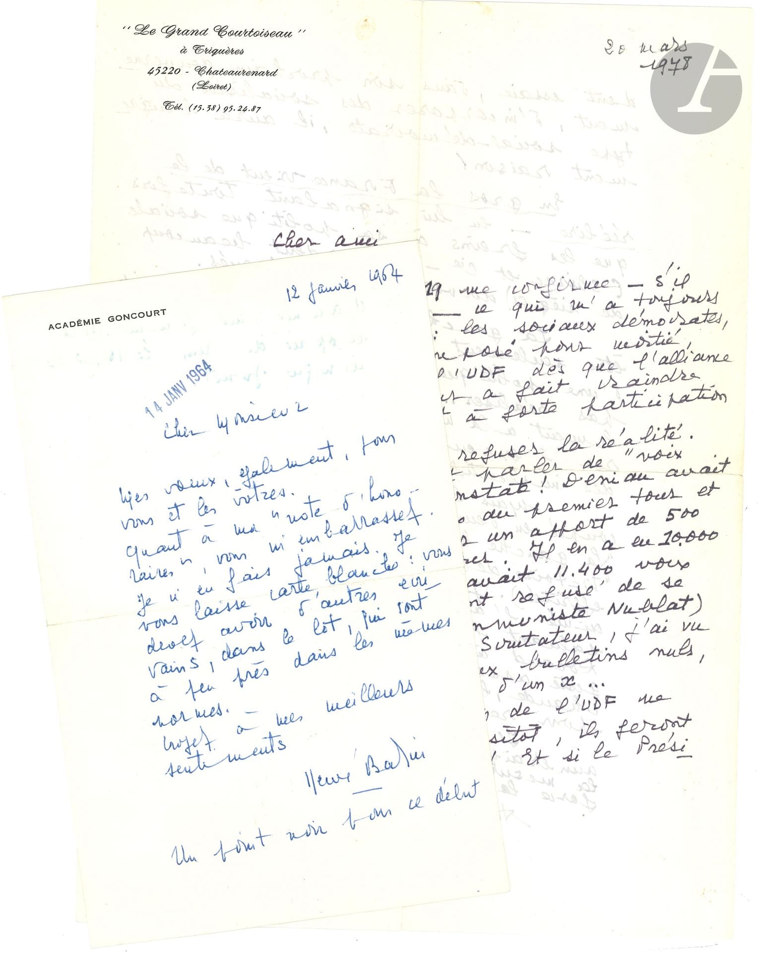 Hervé BAZIN (1911-1996). 17 L.A.S. et 2 L.S., 1964-1992 et s.d., à Maurice Dalinval ; 30 pages formats divers, dont 3 au dos de cartes postales représentant son château du Grand Courtoiseau, quelques en-têtes de l’Académie Goncourt, enveloppes. 

   Intéressante correspondance politique et littéraire à l’ami journaliste. Les lettres sont écrites de Paris, Èze, Bry-sur-Marne, La Roche-Colas (Maine-et-Loire) et du Grand Courtoiseau à Triguères (Loiret)…
   Bazin  se réjouit du succès de son dernier roman [Le Matrimoine] : « nous fonçons – me dit mon éditeur – vers les 200.000 »…. Octobre 1975, longue lettre sur les attaques subies par l’Académie Goncourt. « Je commence à trouver inquiétante l’attitude des gauchistes ! Qu’ils badigeonnent d’inscriptions les murs en face des éditions Grasset, Gallimard, Seuil, etc. en insultant les académies, ce n’est pas très grave. Mais un cocktail molotov chez Charensol, ça devient plus sérieux. L’attaque au pistolet à peinture de Tournier et de François Mallet-Joris est un autre incident révélateur. Hier soir de nouveaux cocktails molotov chez Mathieu Galey, chez Françoise Mallet-Joris semblent indiquer – comme le contenu des tracts – qu’ils ne s’arrêtent pas là. Un curieux point d’honneur – ou une certaine peur du ridicule – c’est sûrement ce qui empêche les victimes de réagir. Françoise a tout de même porté plainte contre X. L’origine de tout le mouvement (anti prix, dit-on, mais en fait anti culture), c’est de son propre aveu, Jean-Edern Hallier qui (relayé par Thieuloy, croit-on) déplore aujourd’hui de ne plus pouvoir “retenir ses activistes”. Les maisons d’édition, les académies pourraient, si ça continue, être systématiquement attaquées. Le prix Goncourt, le 17 novembre, a peu de chances de se passer sans incidents »….
   De longues lettres sont consacrées à l’actualité politique, en particulier autour de François Mitterrand. Mars 76 : « J’ai toujours pensé que François Mitterrand serait le premier ministre de Giscard et qu’à ce moment là seulement on saurait ce qu’il doit advenir de notre société. Car de cette expérience – inéluctable – dépendra la suite : six mois ou six siècles de socialisme, selon les réactions des Français et l’habileté des politiques à les provoquer dans un sens ou dans l’autre »…. 1978 : plusieurs longues lettres analysent la situation politique avant et après le scrutin des législatives. 1981 : il refuse de soutenir un candidat et s’en explique dans un long texte. « Au fond nous autres, socio-démocrates (30% des Français) nous n’avons pas de candidat. Nous rêvons de la “grande Suède” promise par le général de Gaulle : sachant allier un socialisme de redistribution au refus d’un collectivisme de production. Un tandem Giscard-Rocard, cependant, reste une vue de l’esprit »…. À une semaine du scrutin, il prévoit la victoire de Mitterrand : « Les communistes se rallient en masse ; les RPR du bout des lèvres. C’est la rançon de “l’absorption programmée” du RPR par l’UDF : Chirac and Co ne l’a pas pardonné au président […]. Tous les fermiers RPR de ce coin-ci vont voter Mitterrand au second tour. Ils le disent. À mon avis c’est cuit  Mitterrand passe »…. 1988 : « le grand bénéficiaire pourrait être un Le Pen, arbitre de la situation. Belle perspective ! »….
   
On joint une carte de son fils Claude Hervé-Bazin.
