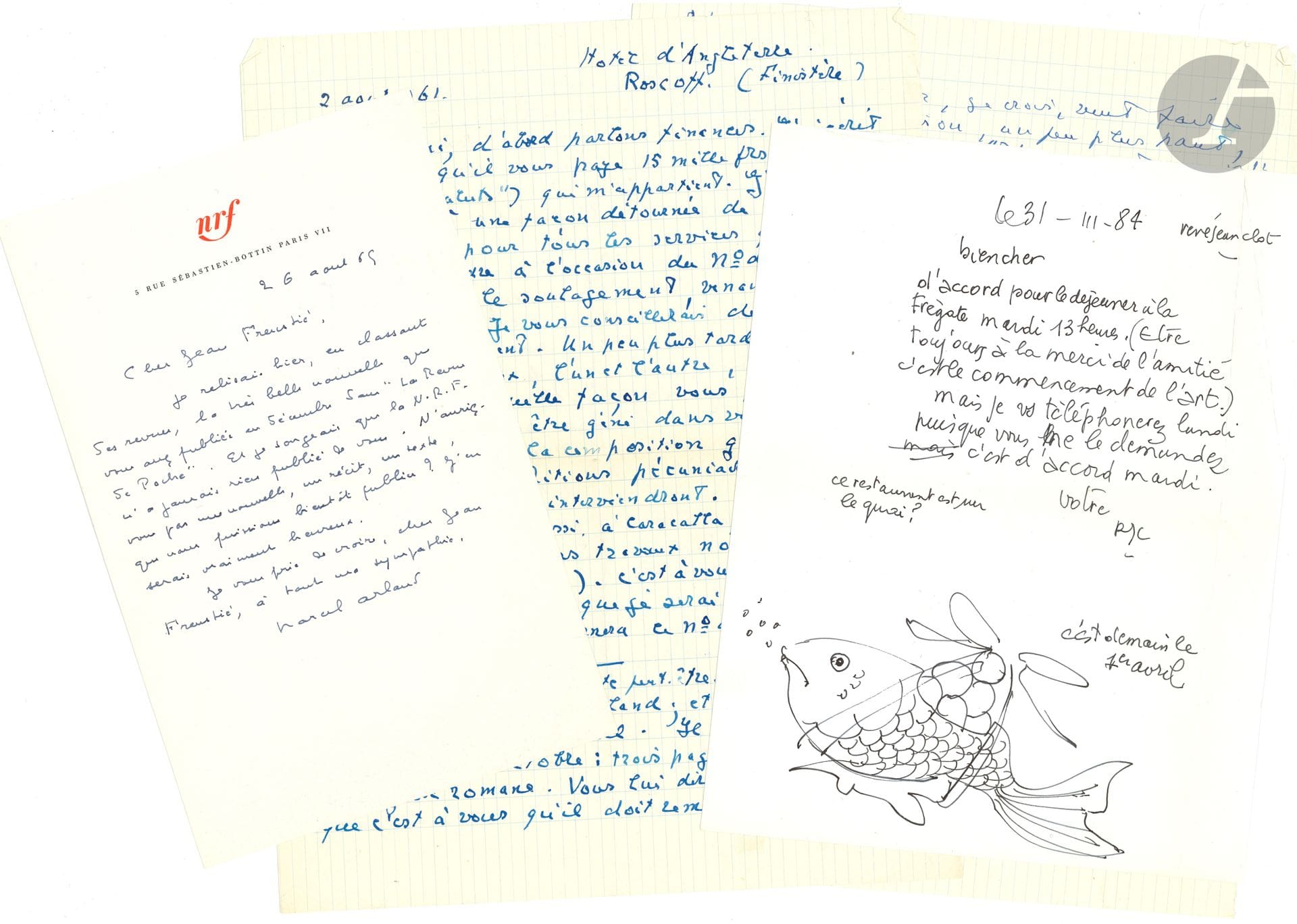 LITTÉRATURE. Environ 60 lettres ou manuscrits, la plupart L.A.S. adressées à Jacques Brenner ou à Jean Freustié (quelques défauts)

   Marcel Arland, Michel Aubin (8, 1941-1944), Michel Bataille (3), Jacques Berne, Henri Borgeaud, Gérard Boutelleau, José Cabanis, Jacques Chardonne (à B. Frank), René-Jean Clot (6, avec petits dessins), André Dhôtel, Pierre Fauchery (5), Matthieu Galey (3, dont une signée « Conrad Jansen »), Marie-Louise Hart de Keating (3, au sujet de Germain Nouveau), Yves-Gérard Le Dantec, Milorad (3), Maurice Nadeau (2, plus le Manifeste des 121 sur la guerre d’Algérie), François Nourissier, Jean-Louis Ozanne (2, sur la revue Seine, 1946), Maria Péron, Léon Pierre-Quint, Nathalie Reznikoff (au sujet de Remizov), Jean-Pierre Selz, Lily Siou, Antoine Tavera (3), Franz Thomassin (2, dont une longue lettre sur l’érotisme), Henri Wetzel… Plus des dédicaces de Daniel Boulanger (2) et Alain Bosquet.
   Manuscrits : Jean Abraham, Maurice Fickelson, Bernard Frank (fragments), Éric Jourdan (2), André Julien.
   
On joint divers documents concernant Jacques Brenner ; un scénario ronéoté de Jacques Prévert, Hécatombe ; un fac-similé de Baudelaire ; un dessin à la plume signé « Philippe Jullian p.c.c. Conrad Jansen).
