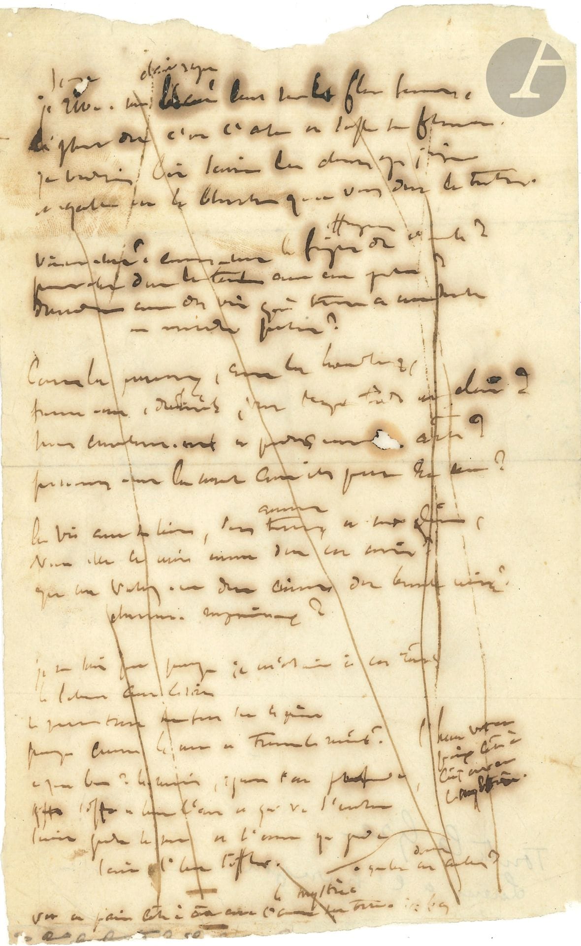 Victor HUGO. Poème autographe, [Lueur à l’horizon, 1854] ; 1 page in-8 (doublée au dos d’un fin papier japon).

   Brouillon de premier jet de ce poème recueilli dans Les Quatre Vents de l’esprit.
   Lueur à l’horizon est daté dans l’édition « Jersey 18 mars 1854 » ; le poème sera recueilli en 1881 dans Les Quatre Vents de l’esprit, pièce XXII du « Livre lyrique » La Destinée.
   Ce brouillon donne une première version des six premiers quatrains, avec des variantes alternatives.
 « Je rêve songe, une lueur clair rayon luit sur le flot sonore,
Le phare dit c’est l’aube et souffle son flambeau
 Je voudrais bien savoir les choses que j’ignore […]

À quoi bon ? Le marin regarde l’eau profonde,
 Et siffle en levant l’ancre et qui va s’envoler
Laisse gronder la mer et l’océan qui gronde
 Laisse l’homme siffler ».

On joint une L.A.S. de sa femme Adèle Hugo, 22 décembre, à une dame, pour une fête d’enfants (1 p. ½ in-8).
