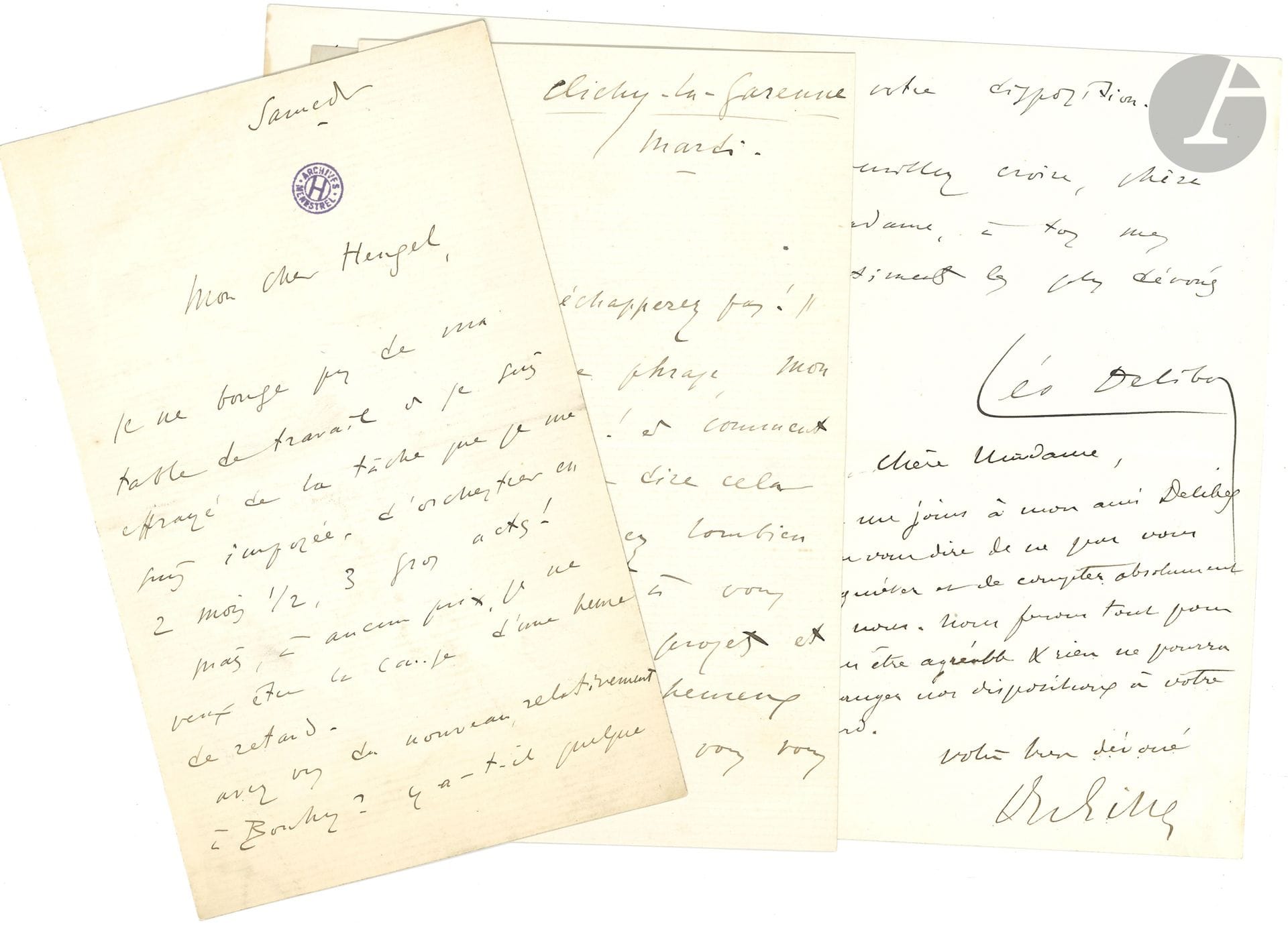 Léo DELIBES (1836-1931). 5 L.A.S., [1876-1879 et s.d.], à divers ; 17 pages in-8 ou in-12.

   Sur son ballet Sylvia et ses opéras.
   Clichy-la-Garenne [1876 ?], au librettiste Jules Barbier, après un mouvement d’humeur… « au commencement de la semaine prochaine je m’entendrai avec Reinach pour venir vous demander l’hospitalité et j’espère en même temps pouvoir vous jouer une bonne partie de notre dernier acte [Sylvia ?] »… – Samedi [1876 ?], à l’éditeur Henri Heugel, au sujet de son ballet Sylvia ou la Nymphe de Diane. Il ne bouge pas de sa table de travail et est « effrayé de la tâche que je me suis imposée, d’orchestrer en 2 mois ½, 3 gros actes ! Mais, à aucun prix, je ne veux être la cause d’une heure de retard »... Le lendemain a lieu la double audition de Lauwers et de Mlle Fauvelle, « à laquelle on songe pour le rôle de Diane […] Votre opinion aurait un grand poids sur la mienne, toujours si indécise ; et il s’agit là d’une question capitale !»...
   Paris 3 février [1879], à son ami viennois Felix, lui demandant des nouvelles de Vienne, et le priant de retirer Le Roi l’a dit des « ruines du Komische Oper » pour le porter à l’Opéra. « Je me suis remis ferme à Jean de Nivelle qui sera définitivement logé à l’Opéra-Comique et que j’espère donner avant la fin de l’exposition, vers l’automne »… Il évoque le gros succès du Petit Duc : « au point de vue artistique et purement musical je dois détester ça […] A-t-on joué chez vous le Rheingold ? Voilà qui est sérieux à la bonne heure »… – Saint-Germain 23 septembre [1879], à la cantatrice Juliette Bilbaut-Vauchelet, au sujet de son rôle dans Jean de Nivelle, avec post-scriptum du librettiste Philippe Gille (photographie dédicacée de la chanteuse jointe). – [1879, à Henri Heugel ?], au sujet de Jean de Nivelle et la distribution dont il a parlé avec Carvalho, Ph. Gille et Gondinet…

