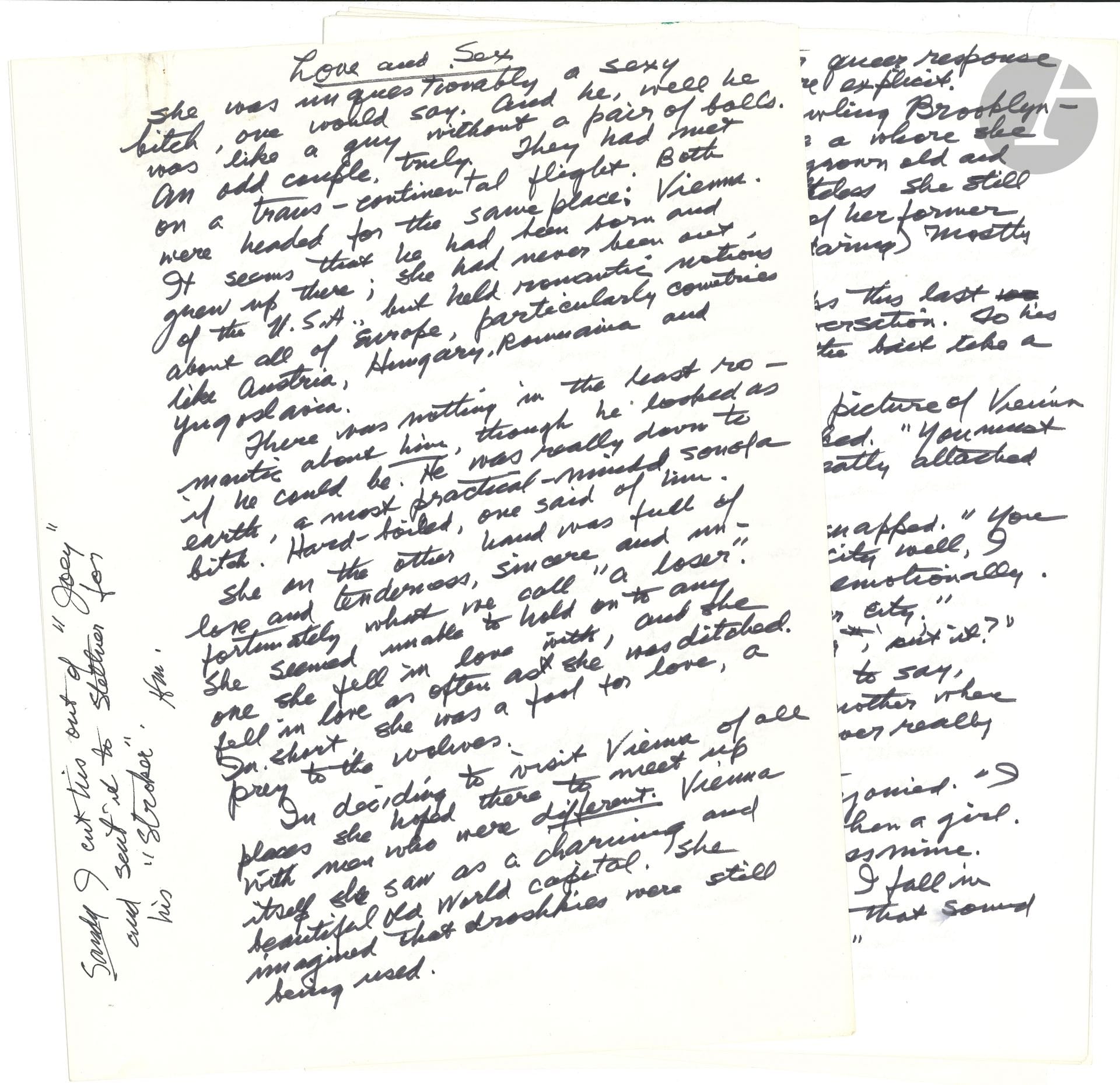 Henry MILLER (1891-1980). Manuscrit autographe, Love and Sex ; 10 pages in-4 au feutre noir ; en anglais (tapuscrit joint).

   Manuscrit d’une nouvelle.
   Miller conte la rencontre et les amours viennoises d’une jeune américaine Nelly avec un escroc nommé Albert, liaison écourtée en raison du procès qui attend Albert et des attentes romantiques de Nelly, consciente que son amant ne s’intéresse à elle que pour le sexe...
   La nouvelle était destinée au magazine Stroker dirigé par son ami le peintre et poète Irving Stettner, et fut publiée sous le titre définitif Vienna and Back. En marge, dans une apostille autographe signée « HM », Miller précise à sa secrétaire Sandy qu’il s’agit d’un extrait de Joey qu’il a envoyé à la revue de Stettner (à laquelle il collabora entre 1978 et 1980).
   Citons le début : « She was unquestionably a sexy bitch, one would say. And he, well he, well he was like a guy without a pair of balls. An odd couple, truly. They had met on a trans-continental flight. Both were headed to the same place : Vienna »... Et la conclusion : « That evening she took the plane home. She didn’t stay a day in New York, but continued on to good ole Shreveport, Louisiana ».

