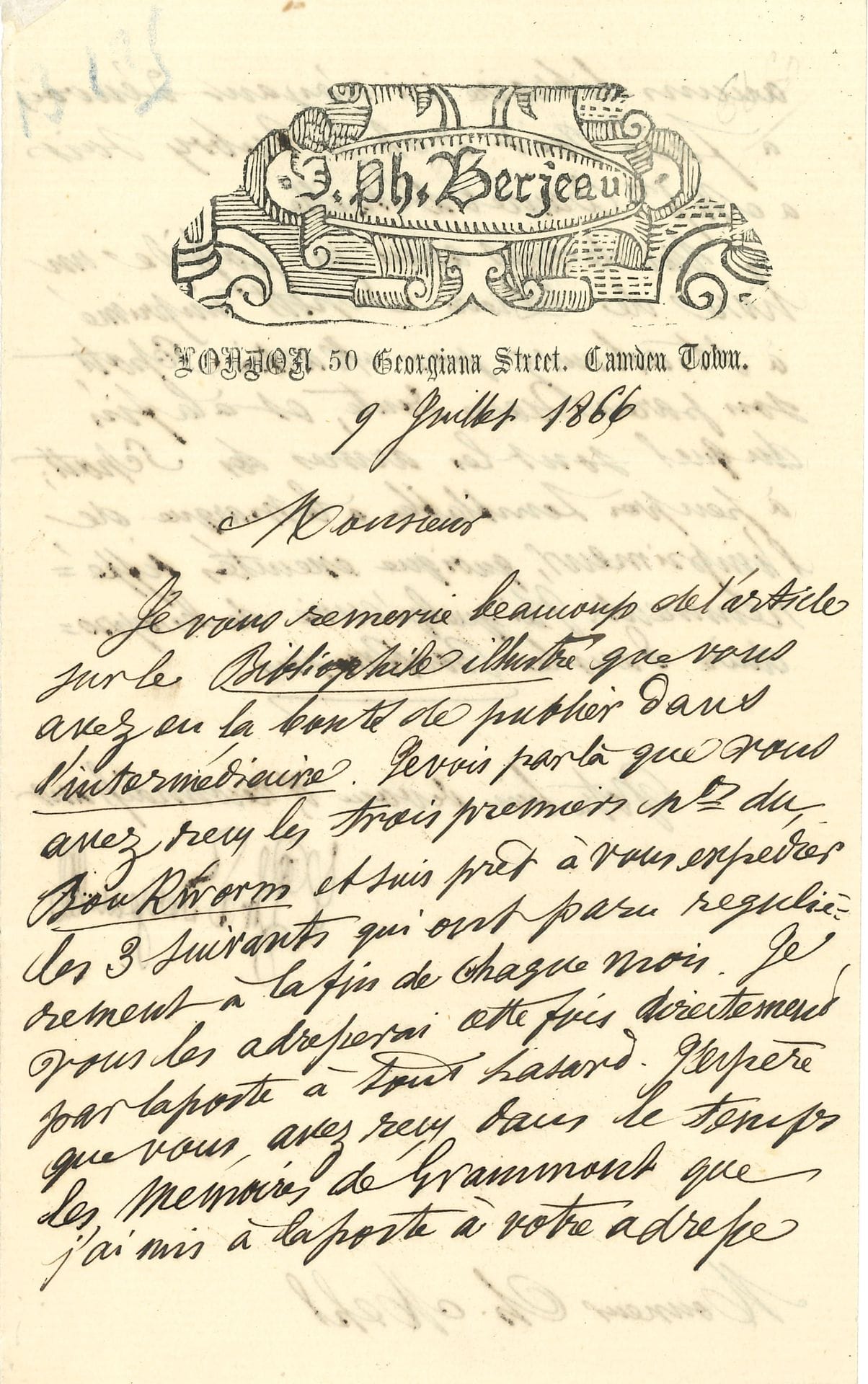 BIBLIOPHILY. Jean-Philibert BERJEAU (1809-1891) literary and publicist, historian of the book. L.A.S., London, July 9, 1866, to the Alsatian bibliophile Charles Mehl; 2 pages in-8, xylographic vignette of his composition in his name.

  About the magazines Le Bibliophile illustré and The Book-Worm... Rare.

