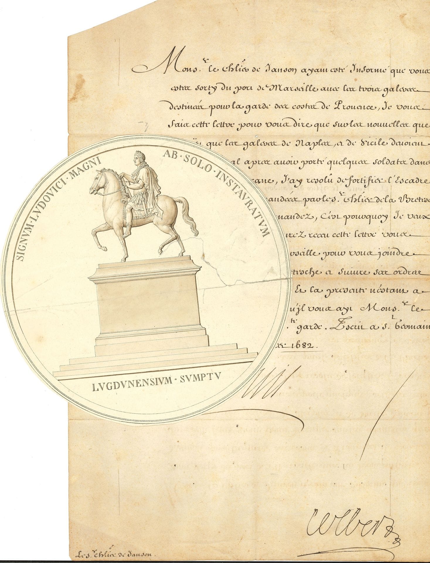 ROIS. 2 P.S. (secrétaires), 1633-1682.

   LOUIS XIII, Saint-Germain en Laye 26 décembre 1633 ; contresigné par Bouthillier ; vélin in-plano. Brevet de don de 3 000 livres au S. de Chanvallon (Achille de Harlay) en récompense de ses services.
   LOUIS XIV, Saint-Germain en Laye 27 janvier 1682 ; contresignée par Colbert : 1 page in-fol., adresse. Lettre au chevalier de Janson ; ayant appris qu’il est sorti du port de Marseille « avec les trois galeres destinées pour la garde des costes de Provence », et que Naples envoie des soldats dans les places de Toscane, il a résolu « de fortifier l’escadre de huit galères commandées par le chevalier de la Bretesche » ; il ordonne à Janson de revenir à Marseille pour se joindre au chevalier.
   
On joint le dessin d’un projet de médaille pour la statue équestre de Louis XIV à Lyon (encre et lavis, diamètre 19,5 cm, déchirure).
